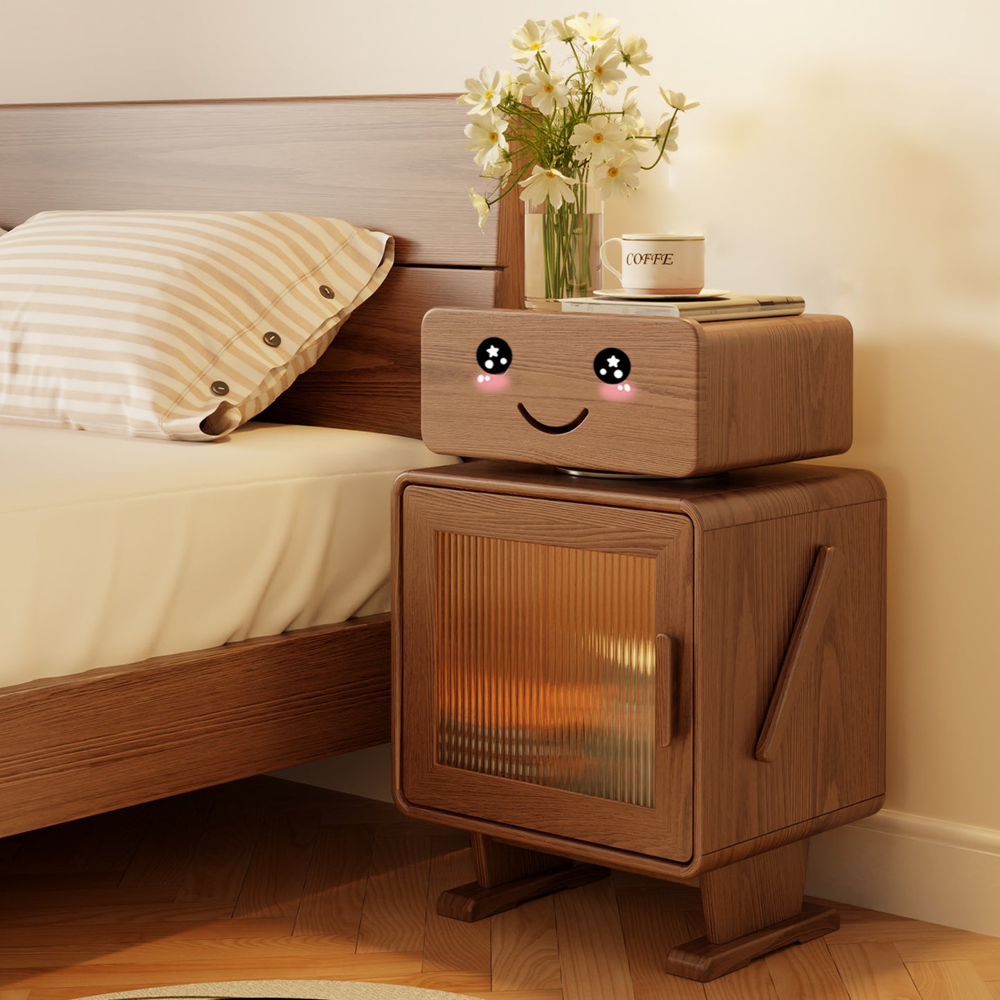 Robot Solid Wood Nightstand, Led Nightstand with 360°Rotating Drawer, Creative Nightstand with Drawers, Easily Assembly,Bedside Table for Bedroom,Living Room