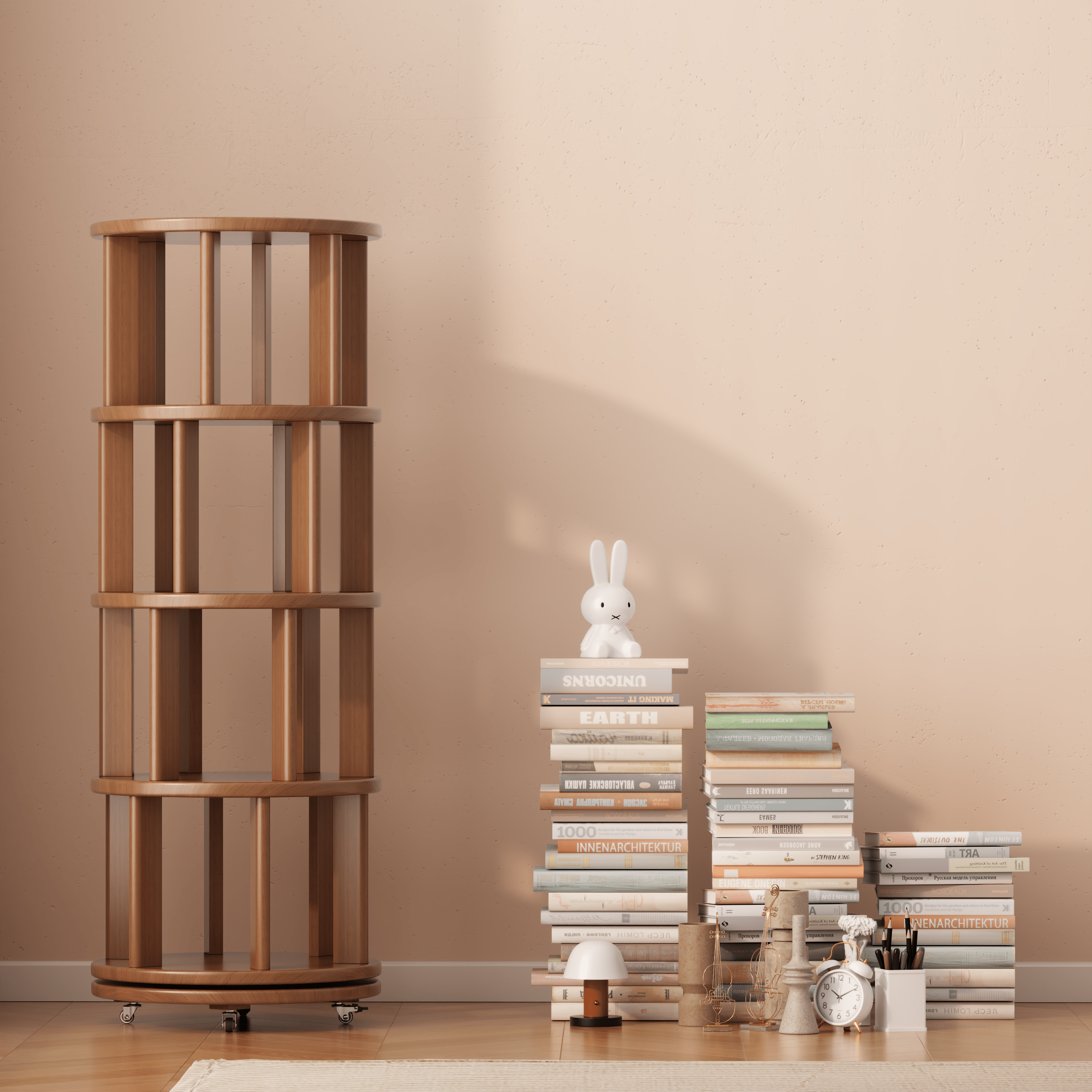 Rotating Solid Wood Bookshelf with Brake Wheels – Adjustable 1-6 Tier Swivel Bookcase for Home & Study