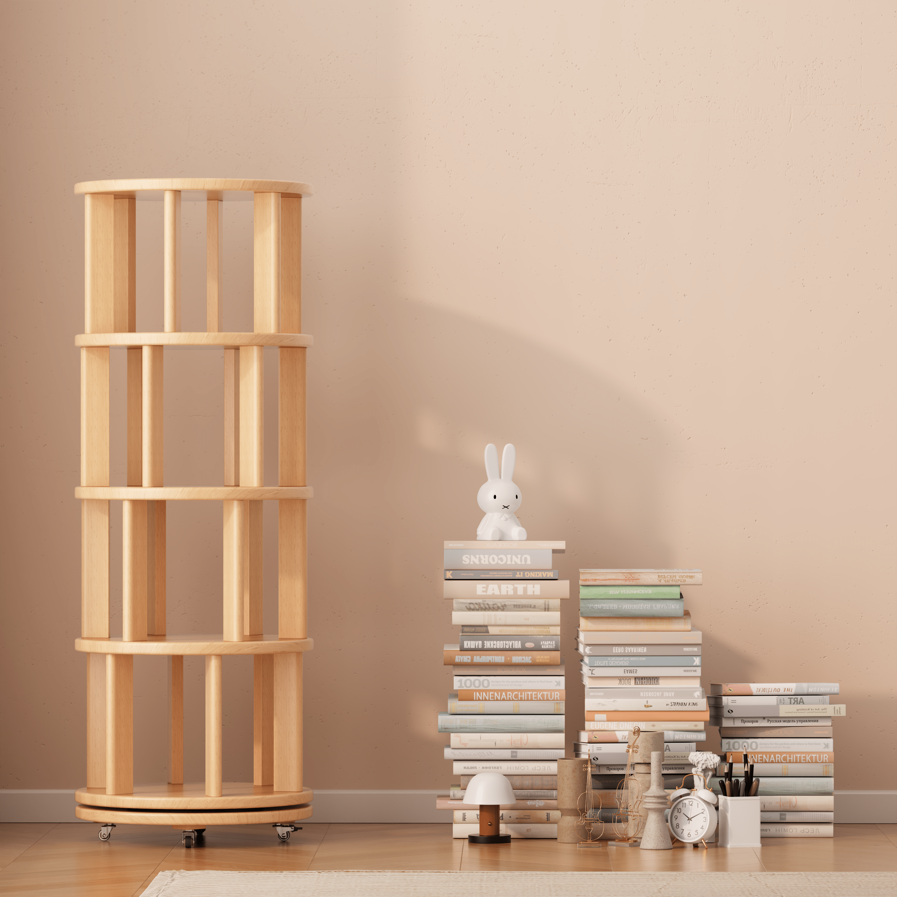 Rotating Solid Wood Bookshelf with Brake Wheels – Adjustable 1-6 Tier Swivel Bookcase for Home & Study