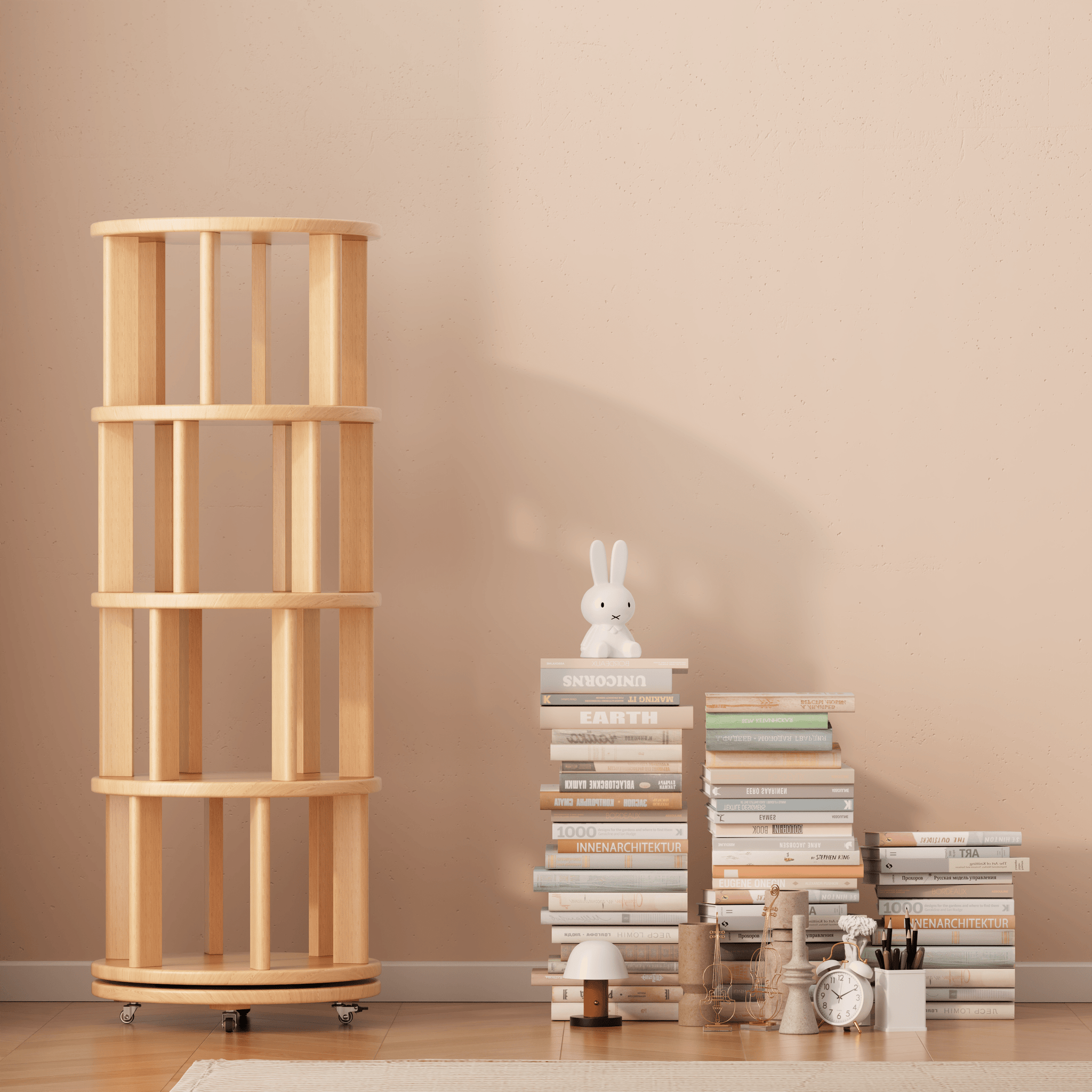 Rotating Solid Wood Bookshelf with Brake Wheels – Adjustable 1-6 Tier Swivel Bookcase for Home & Study