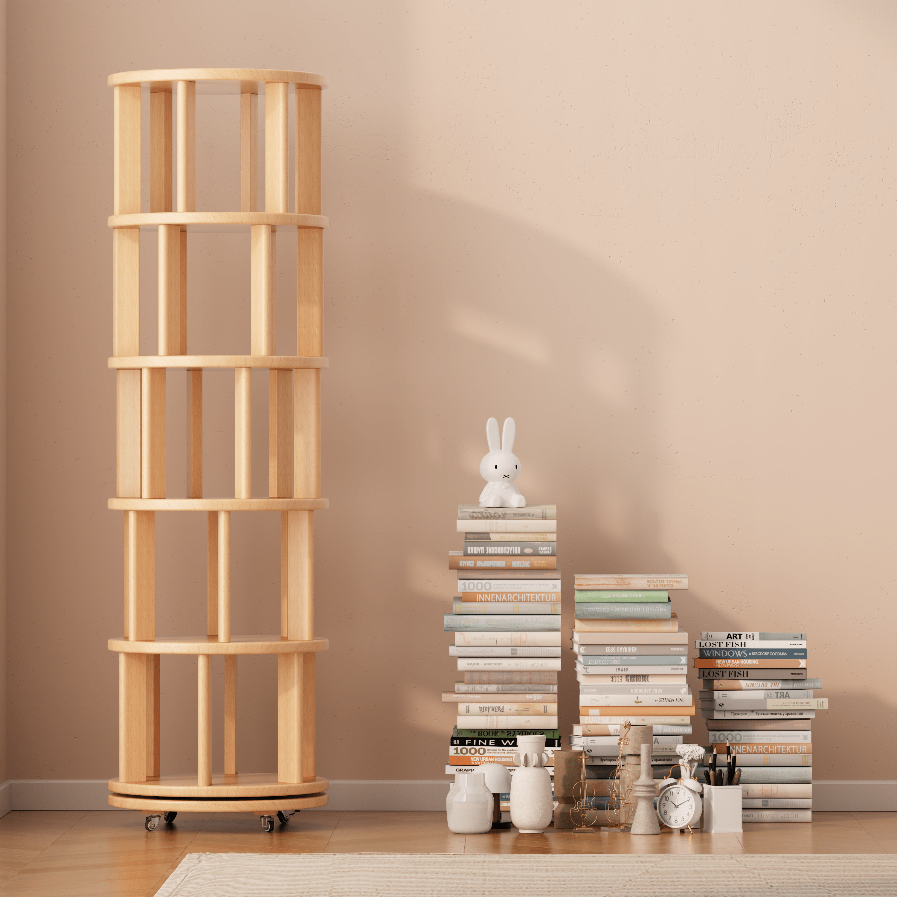 Rotating Solid Wood Bookshelf with Brake Wheels – Adjustable 1-6 Tier Swivel Bookcase for Home & Study