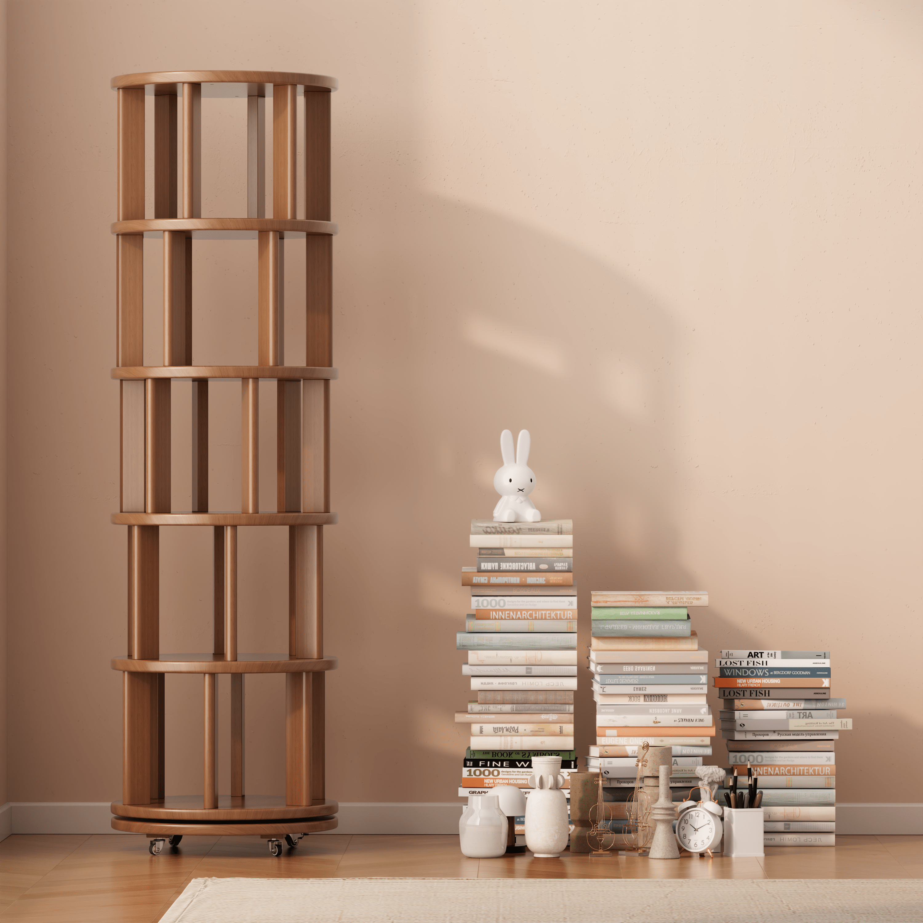 Rotating Solid Wood Bookshelf with Brake Wheels – Adjustable 1-6 Tier Swivel Bookcase for Home & Study