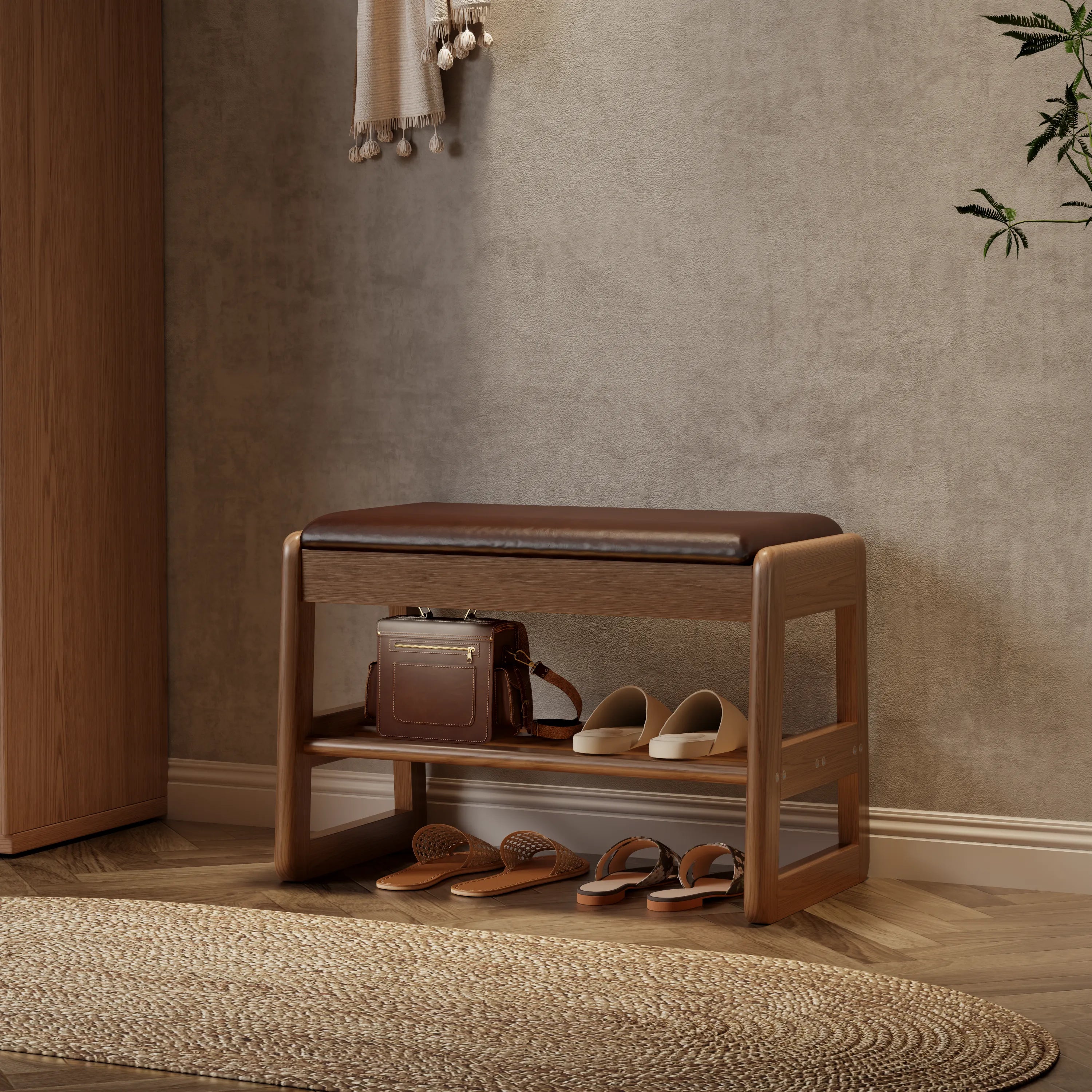 Solid Wood Storage Entryway Bench with Shoe Rack & Padded Seat - Kaslandi Furniture