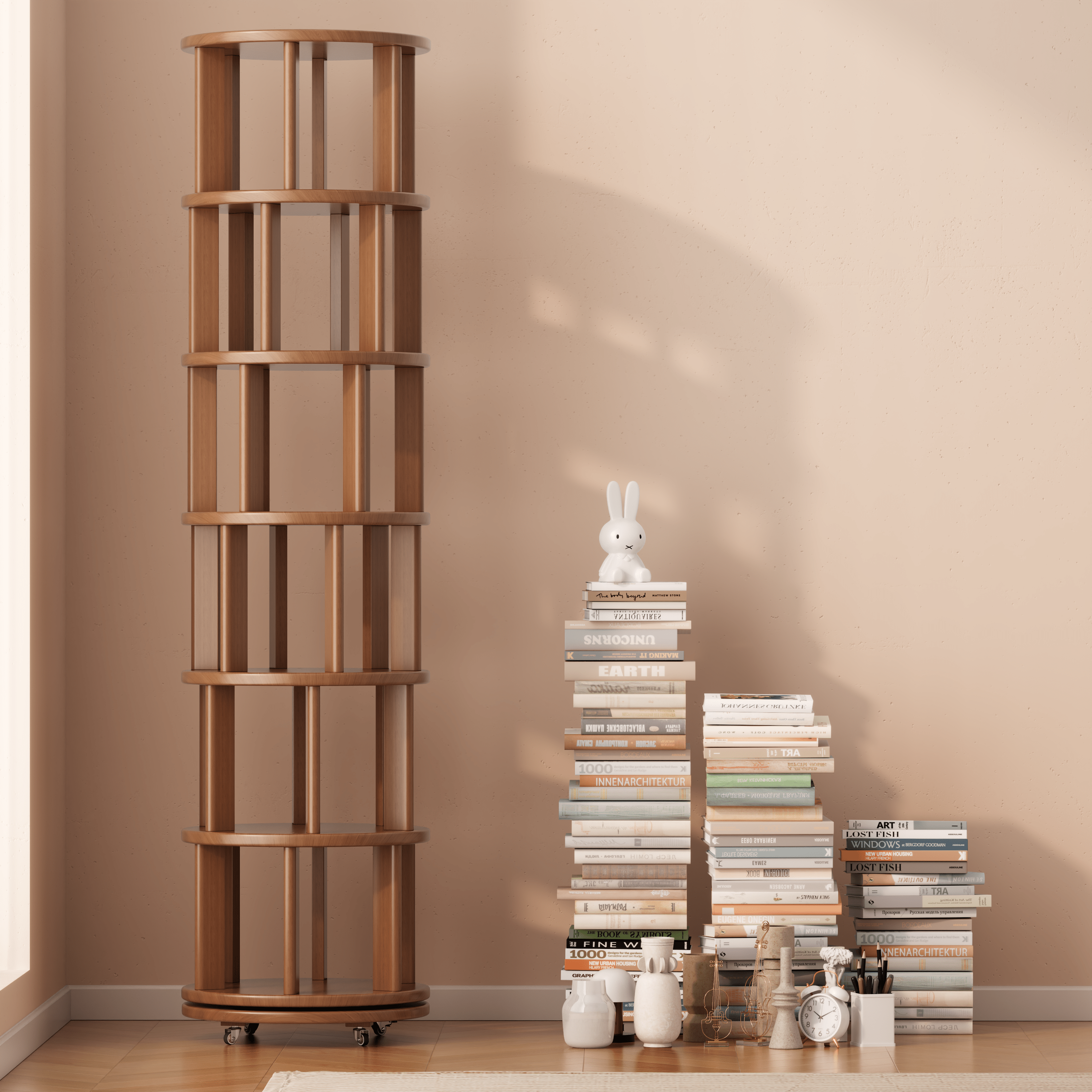 Rotating Solid Wood Bookshelf with Brake Wheels – Adjustable 1-6 Tier Swivel Bookcase for Home & Study