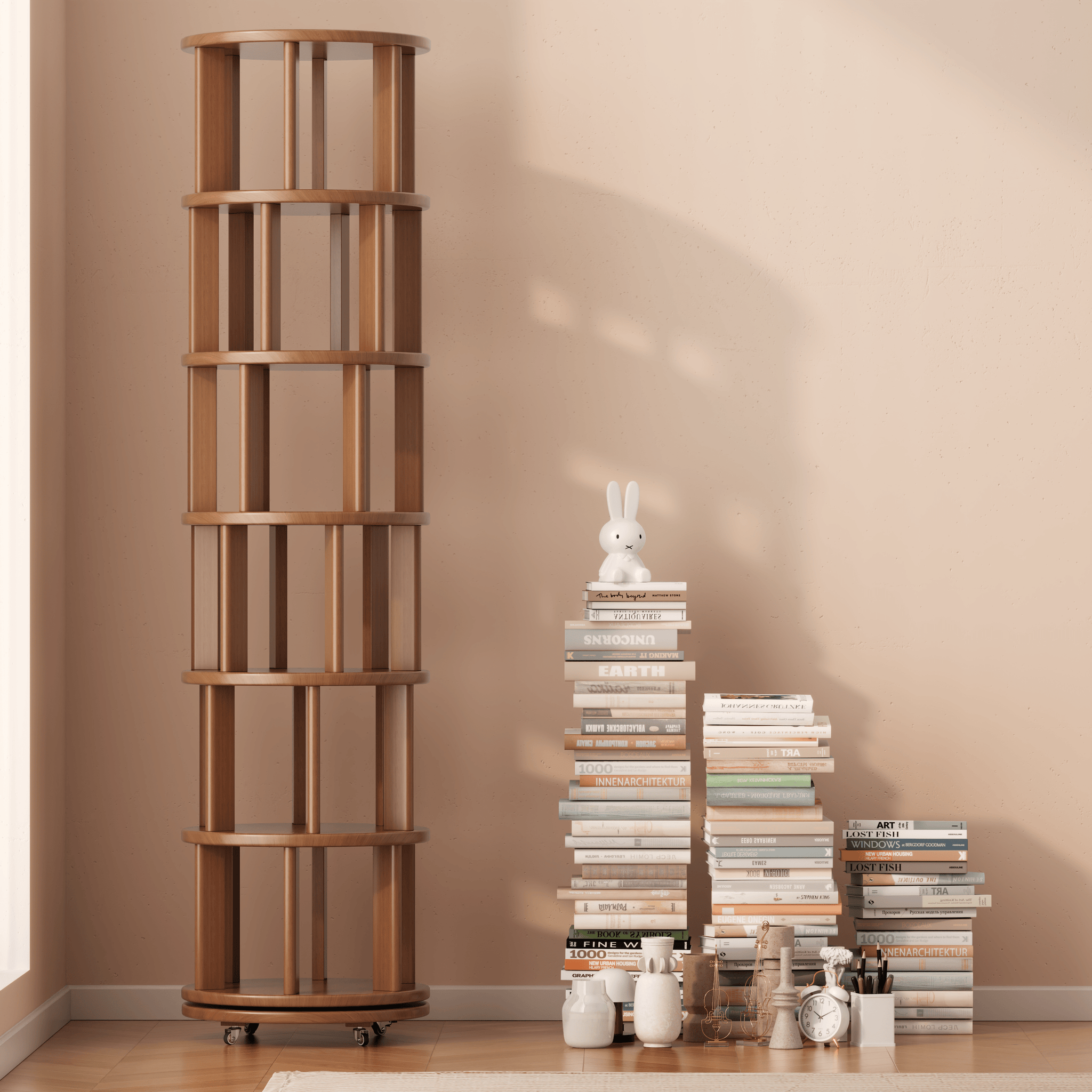 Rotating Solid Wood Bookshelf with Brake Wheels – Adjustable 1-6 Tier Swivel Bookcase for Home & Study