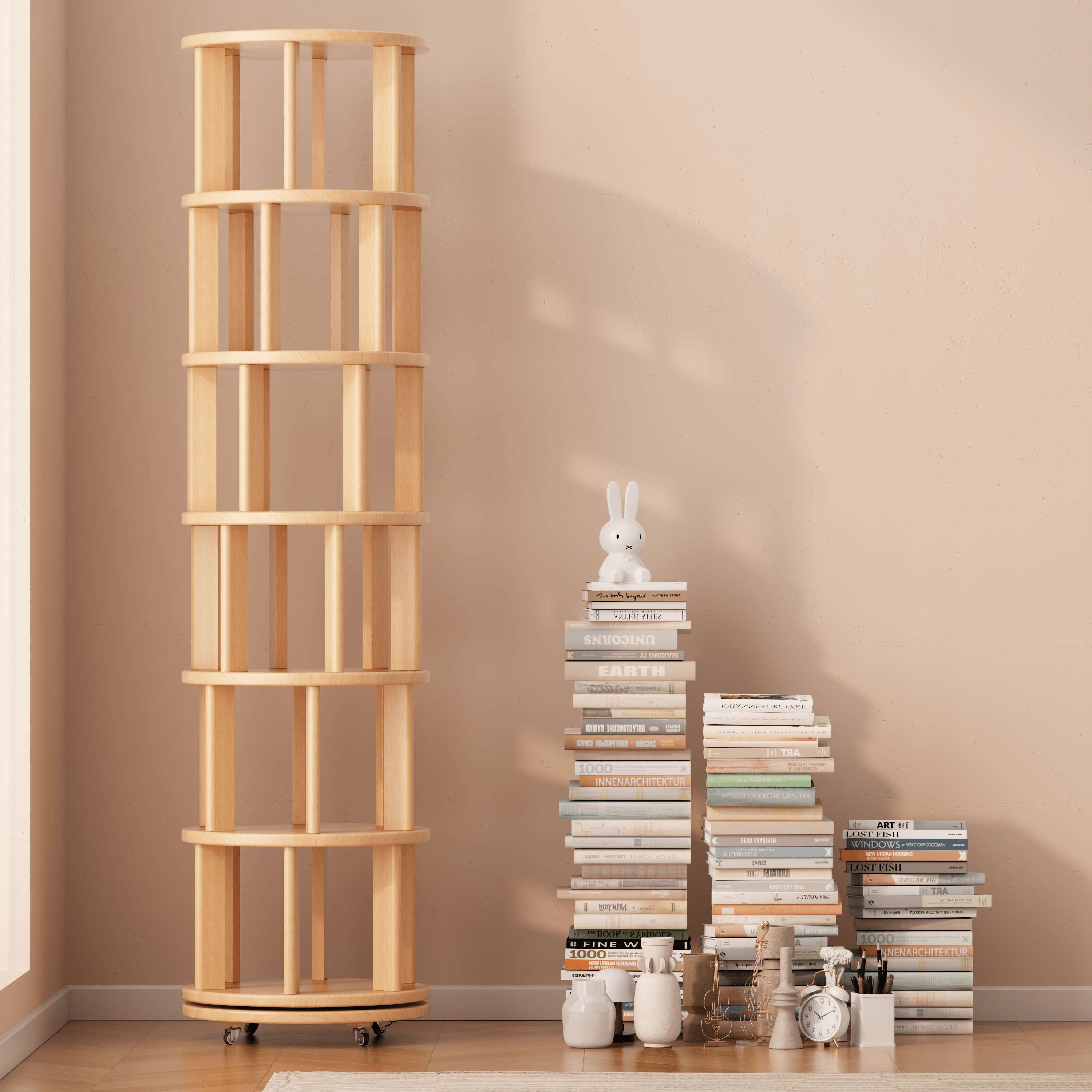 Rotating Solid Wood Bookshelf with Brake Wheels – Adjustable 1-6 Tier Swivel Bookcase for Home & Study