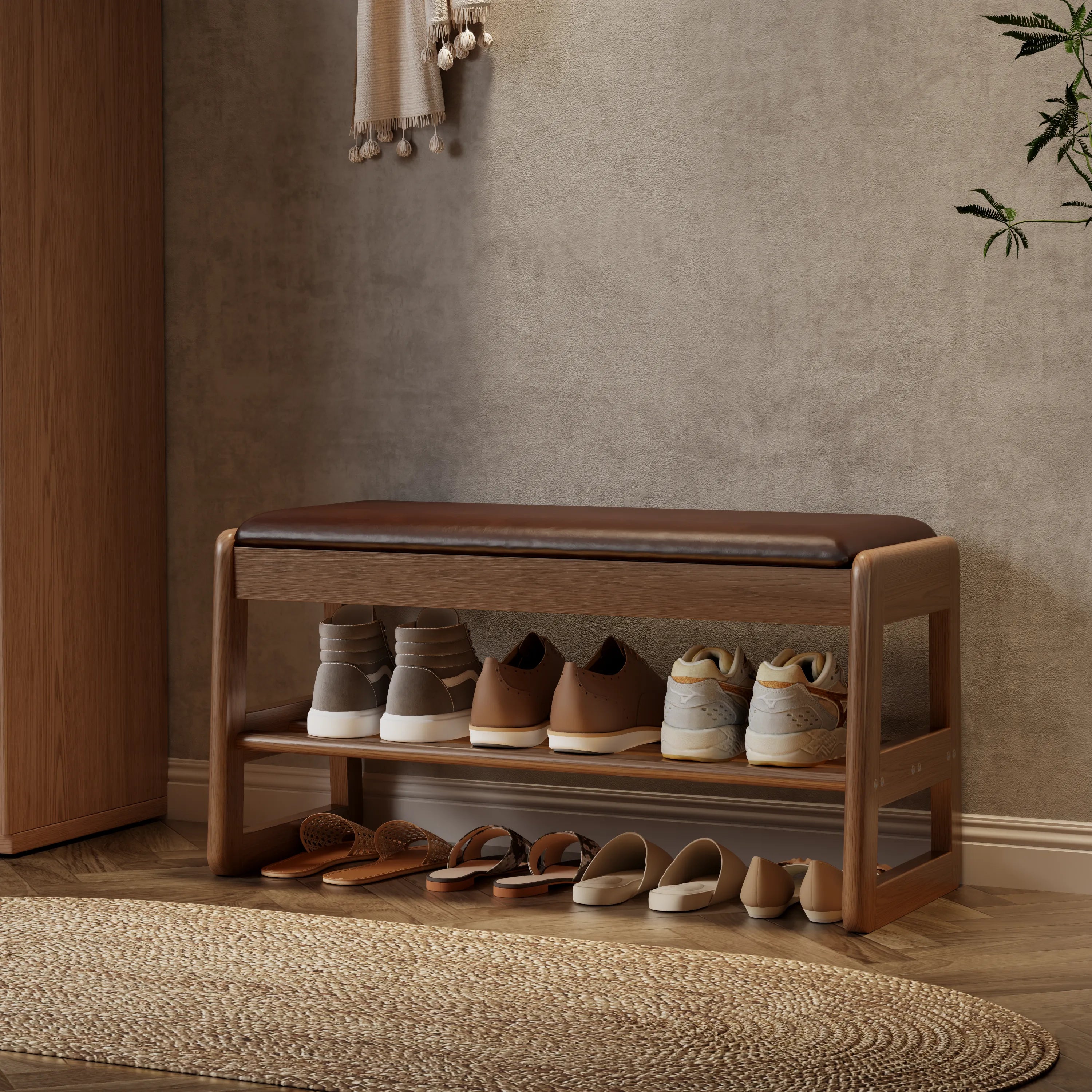 Solid Wood Storage Entryway Bench with Shoe Rack & Padded Seat - Kaslandi Furniture