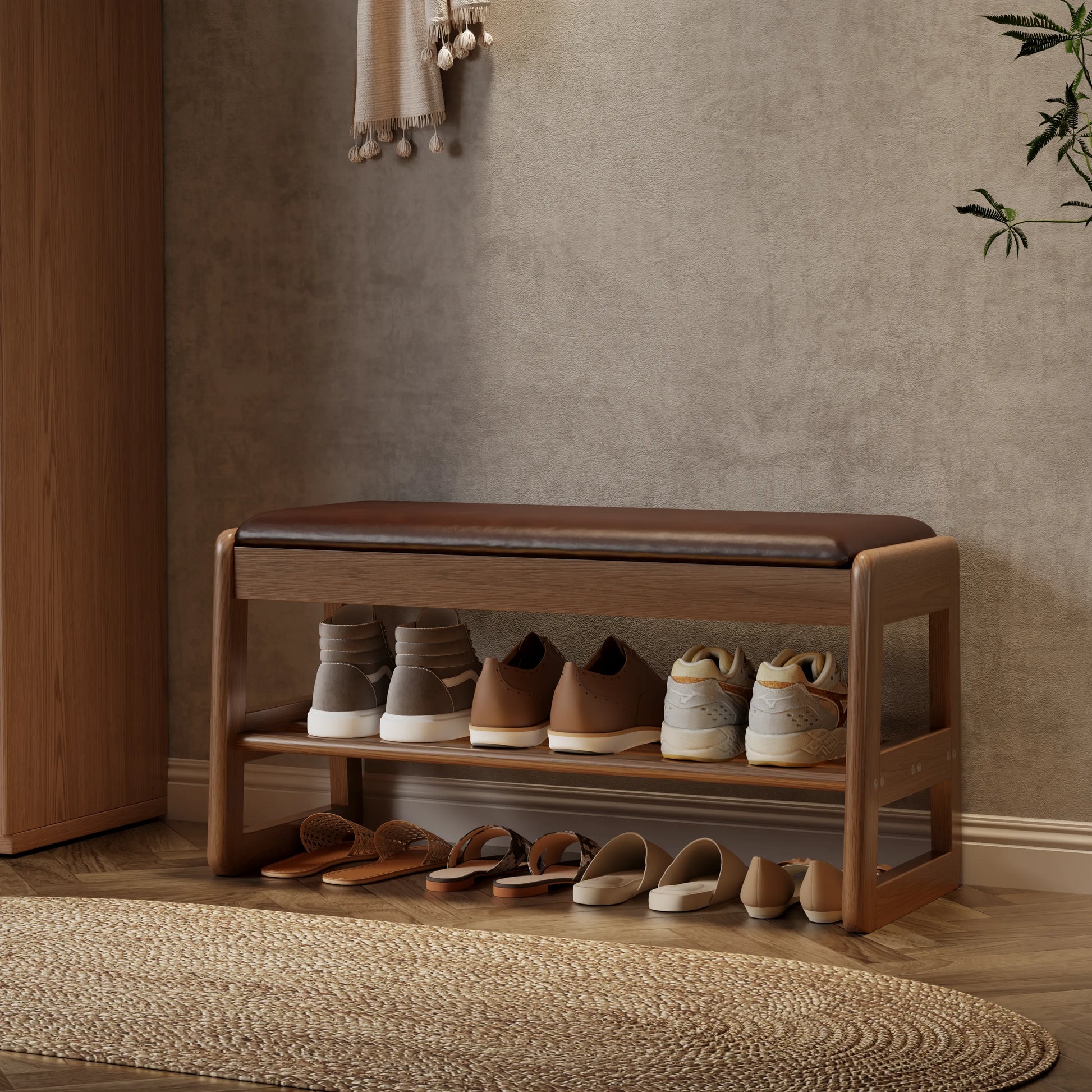 Solid Wood Storage Entryway Bench with Shoe Rack & Padded Seat - Kaslandi Furniture