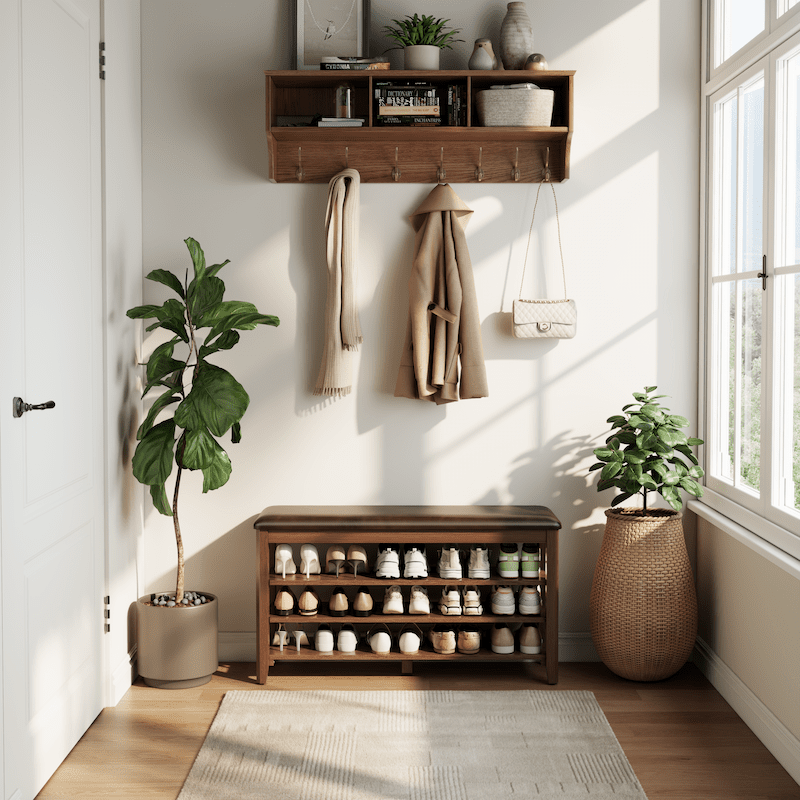 Wooden 3-Tier Shoe Rack Bench with PU Leather Cushion - iKaslandi