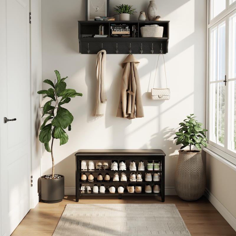 Wooden 3-Tier Shoe Rack Bench with PU Leather Cushion - iKaslandi