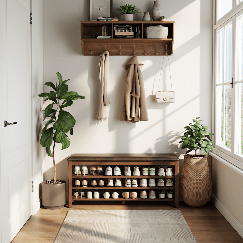 Wooden 3-Tier Shoe Rack Bench with PU Leather Cushion - iKaslandi
