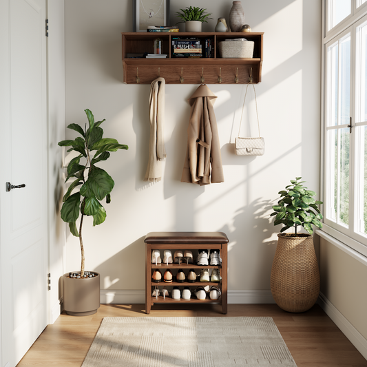 Wooden 3-Tier Shoe Rack Bench with PU Leather Cushion