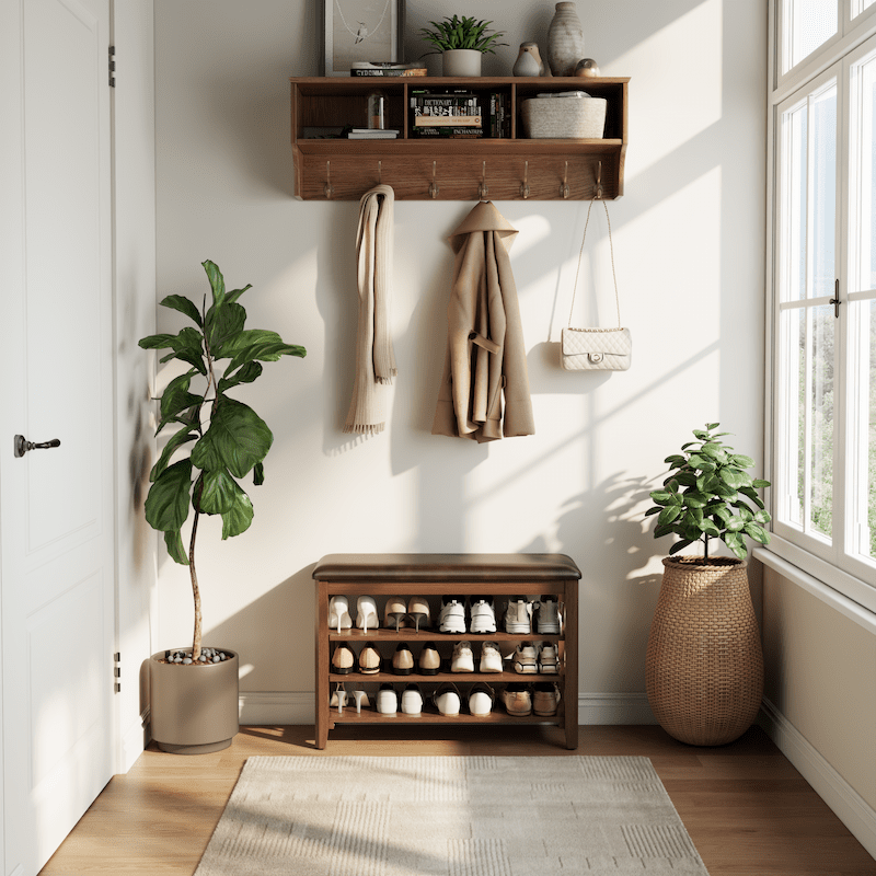 Wooden 3-Tier Shoe Rack Bench with PU Leather Cushion - iKaslandi