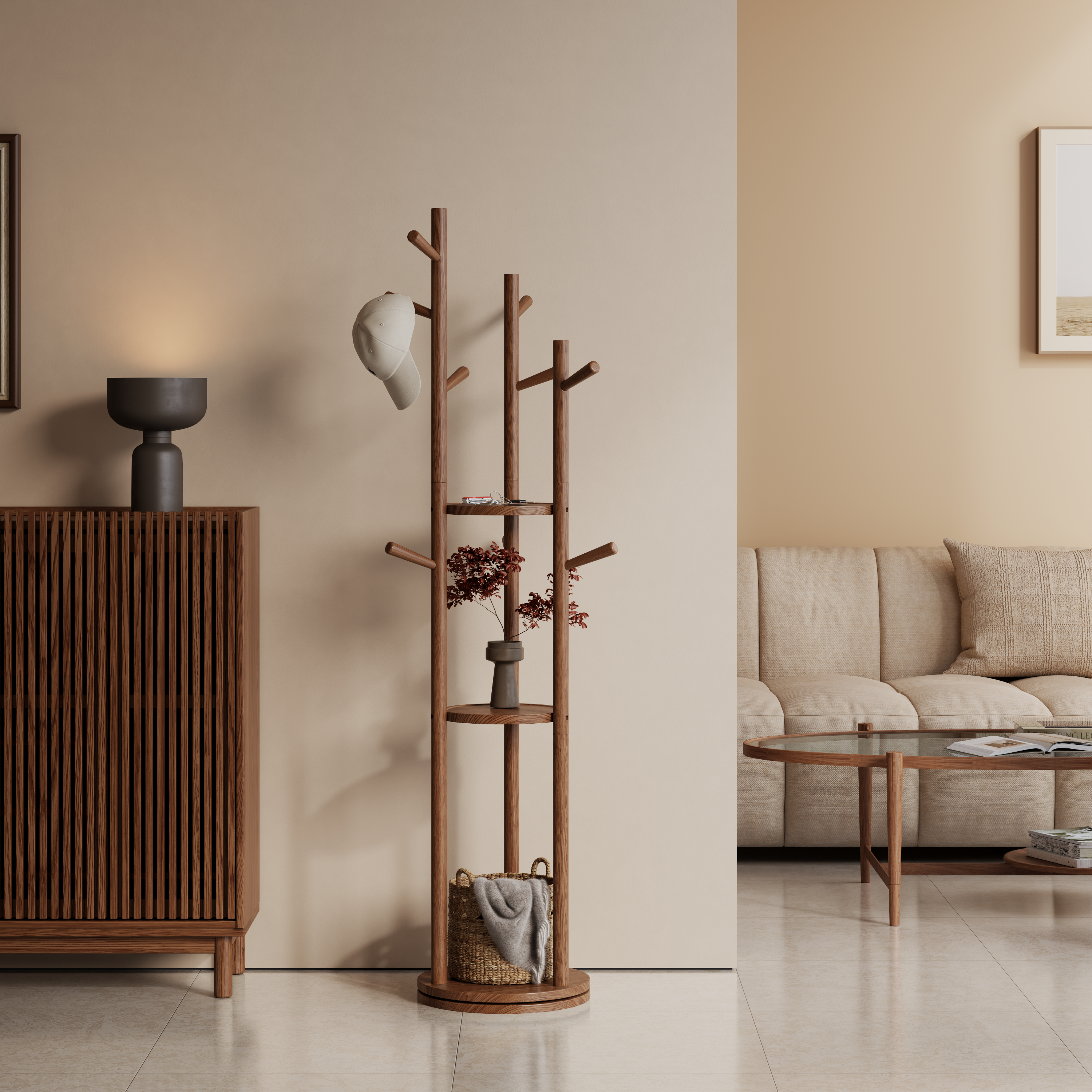 360° Rotating Solid Wood Coat Rack with Shelves