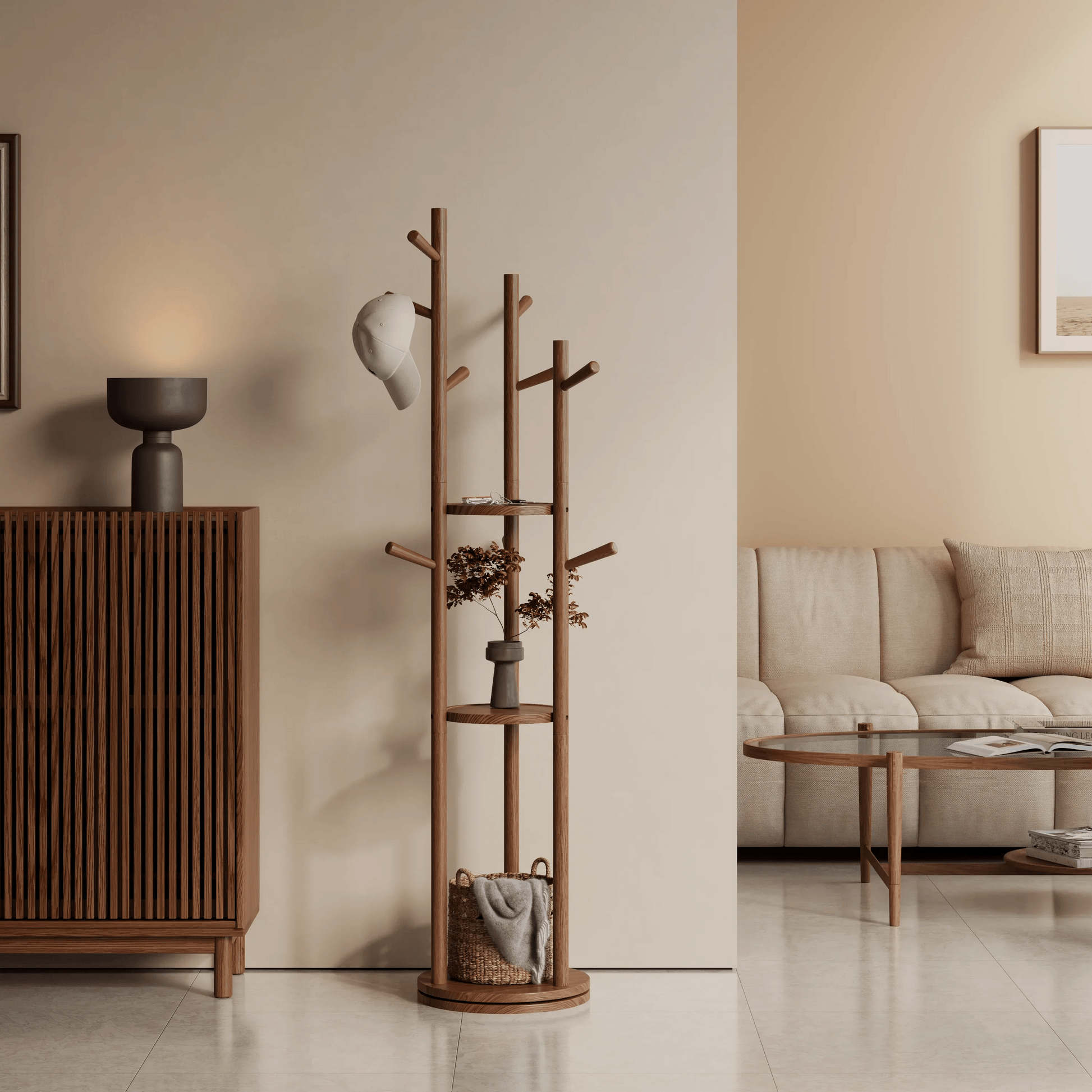 360° Rotating Solid Wood Coat Rack with Shelves - Kaslandi Furniture
