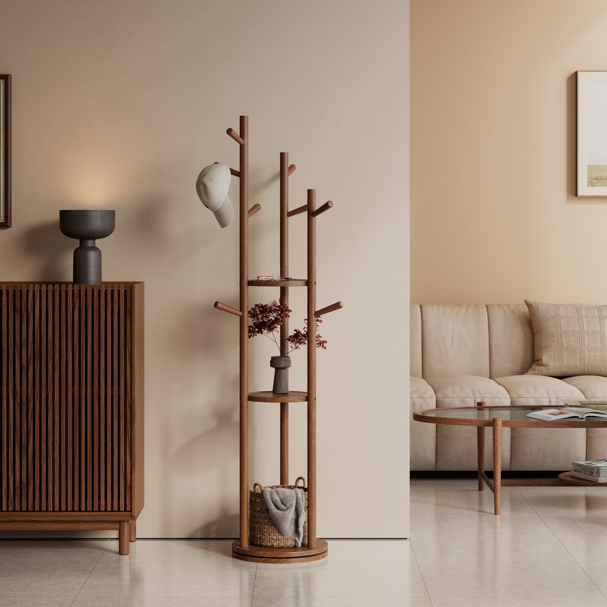 360° Rotating Solid Wood Coat Rack with Shelves