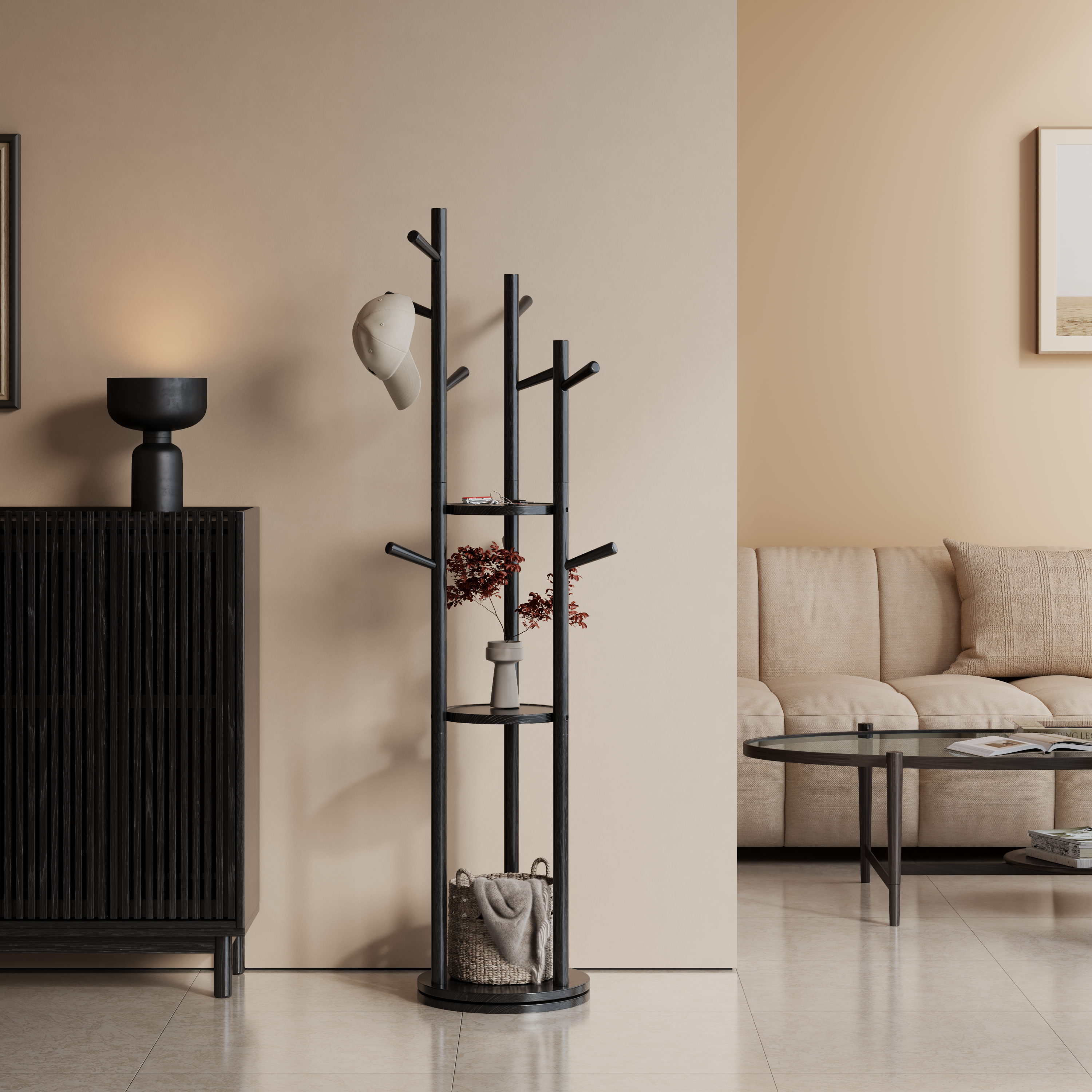 360° Rotating Solid Wood Coat Rack with Shelves