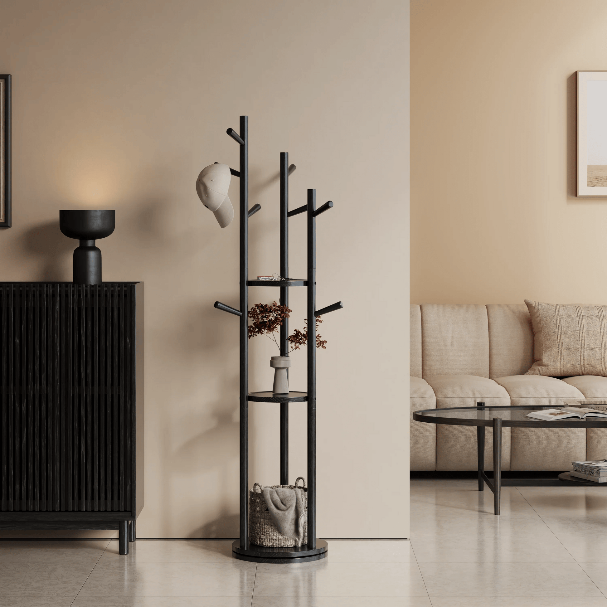 360° Rotating Solid Wood Coat Rack with Shelves - Kaslandi Furniture