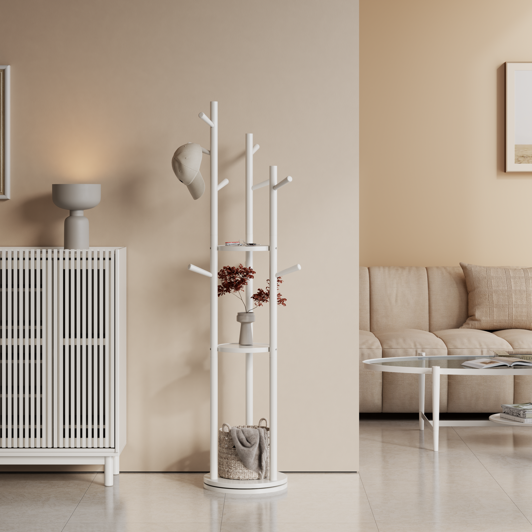 360° Rotating Solid Wood Coat Rack with Shelves