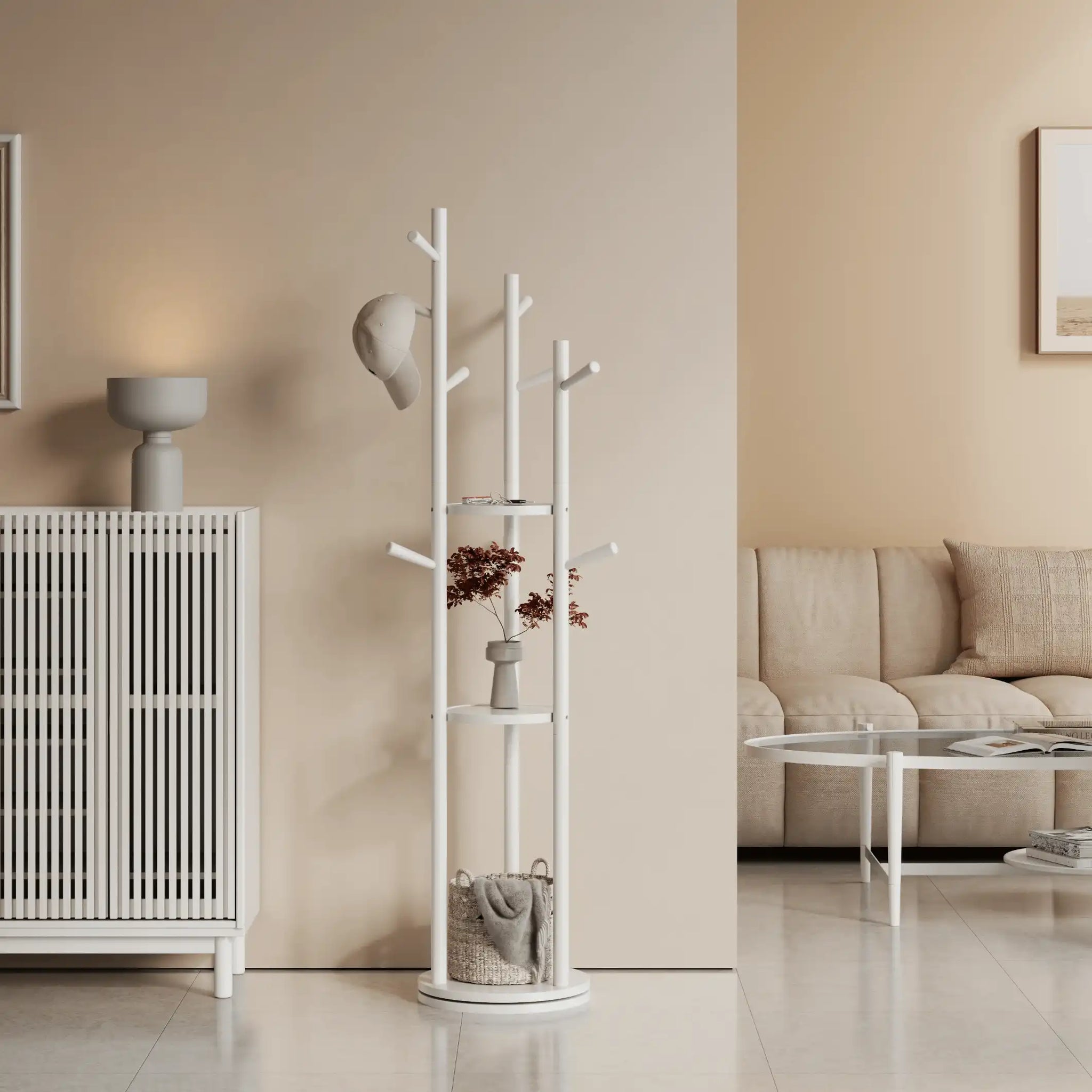 360° Rotating Solid Wood Coat Rack with Shelves