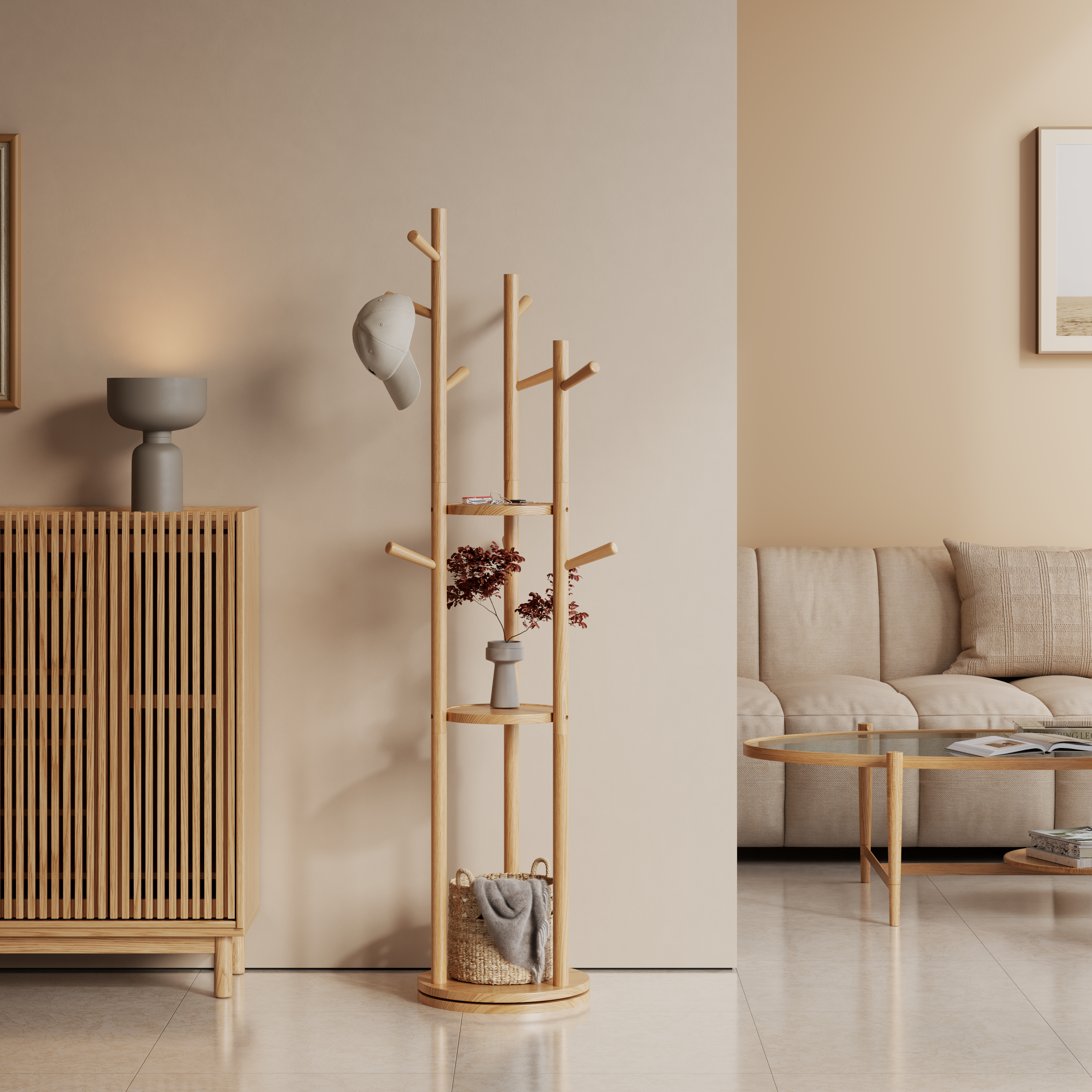 360° Rotating Solid Wood Coat Rack with Shelves