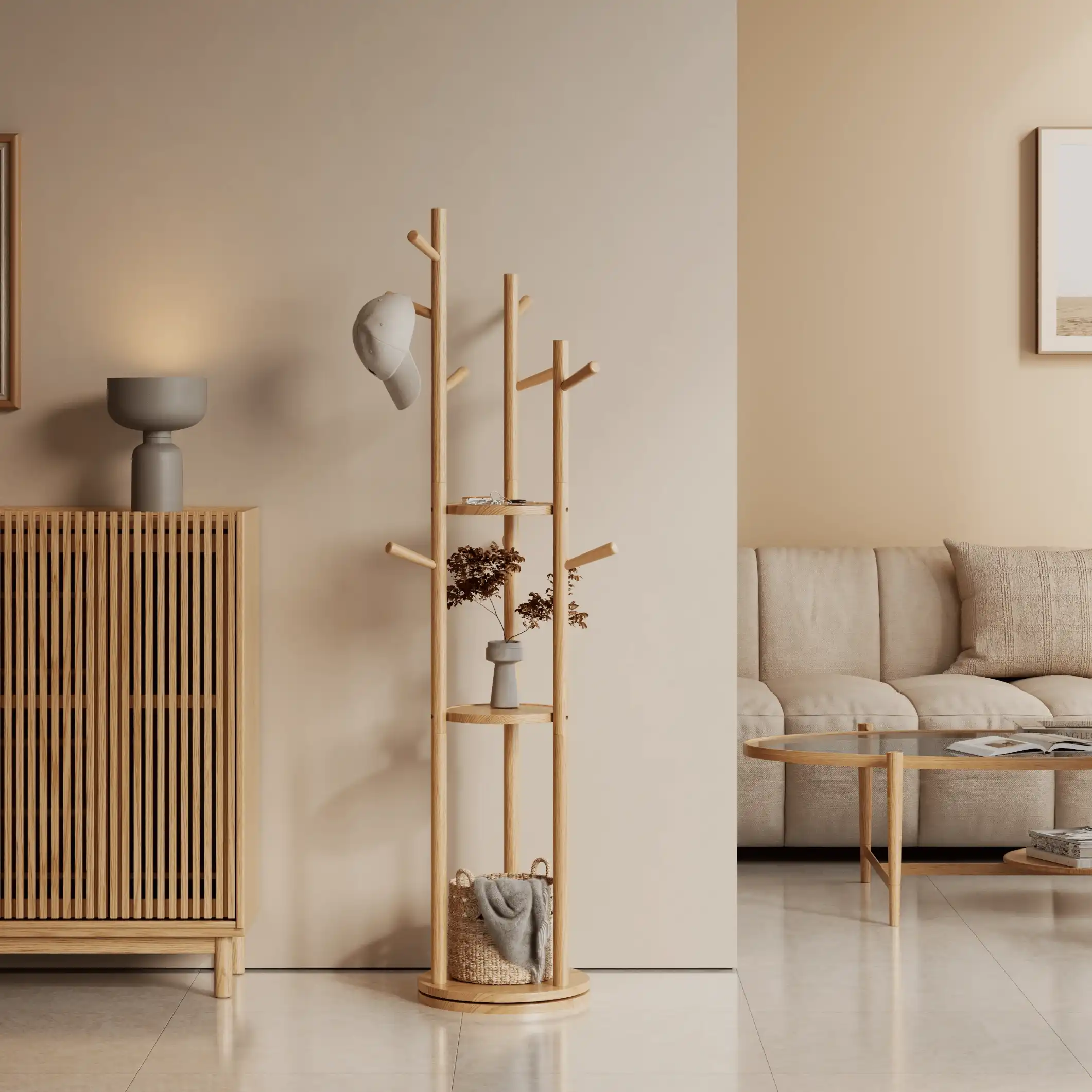 360° Rotating Solid Wood Coat Rack with Shelves