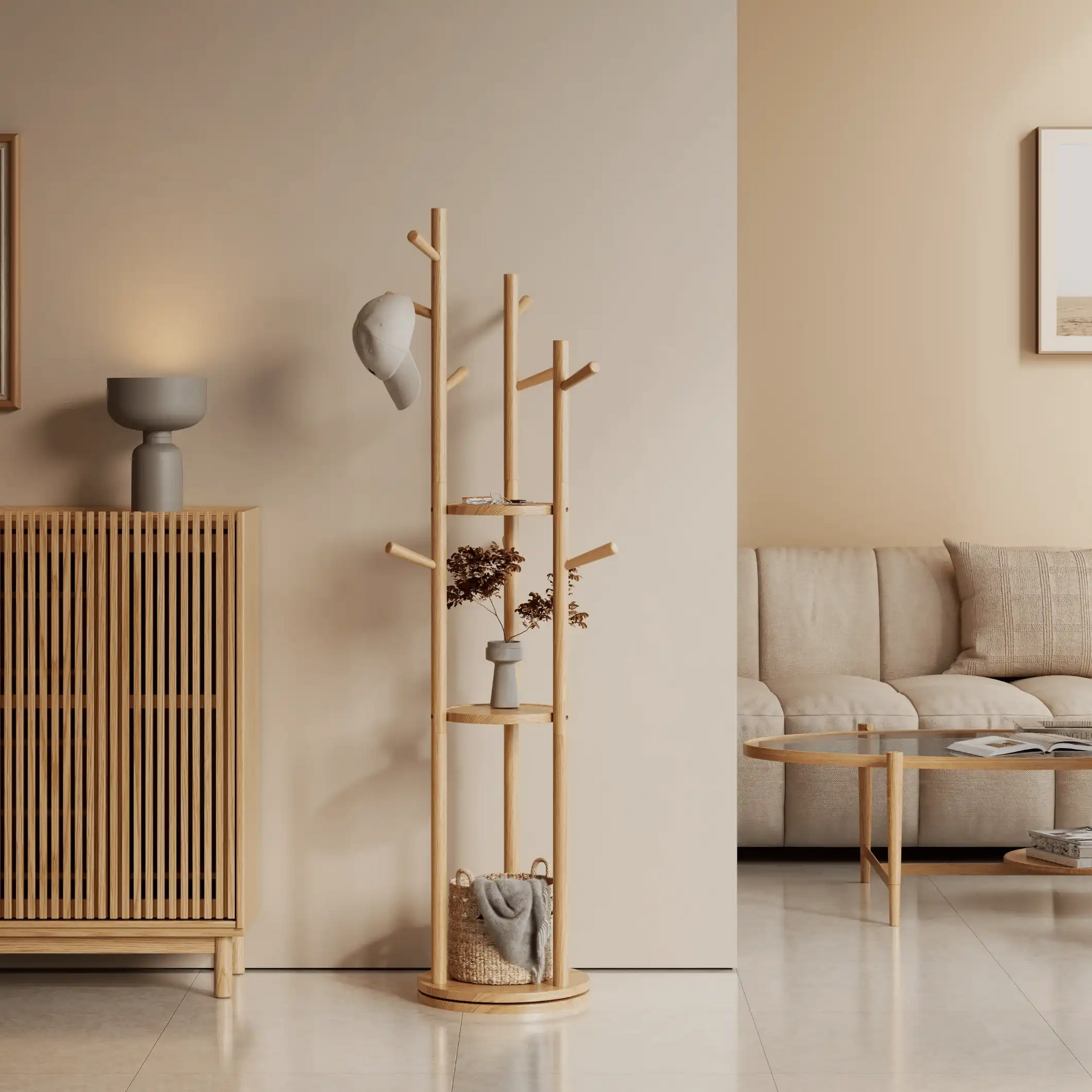 360° Rotating Solid Wood Coat Rack with Shelves