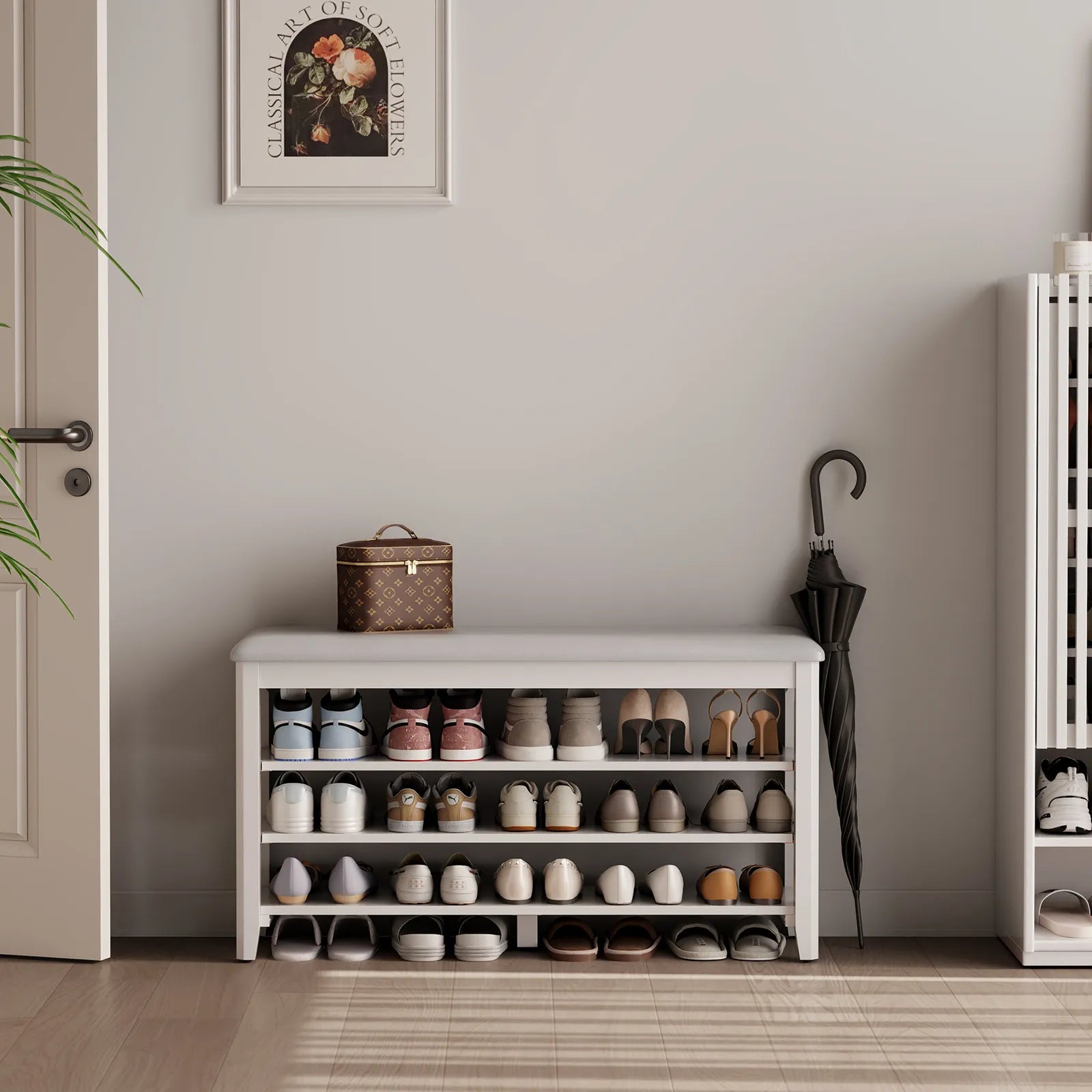 Wooden 3 - Tier Shoe Rack Bench with PU Leather Cushion - Kaslandi Furniture