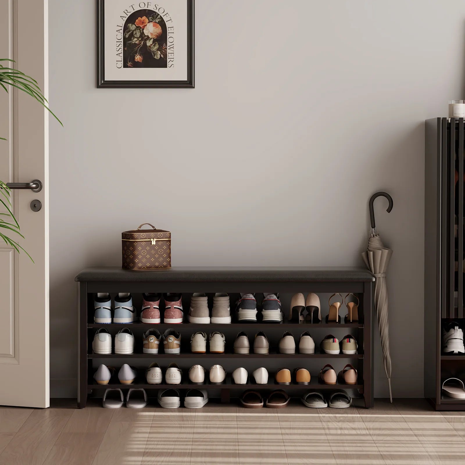 Wooden 3 - Tier Shoe Rack Bench with PU Leather Cushion - Kaslandi Furniture