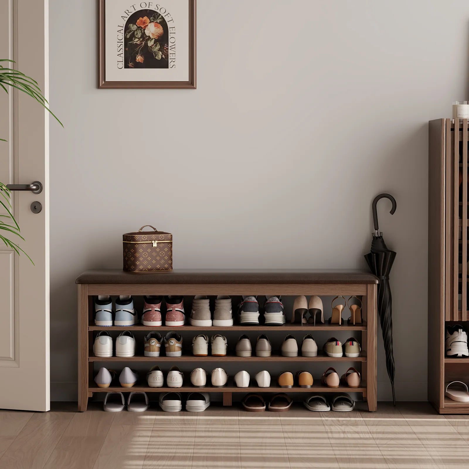 Wooden 3 - Tier Shoe Rack Bench with PU Leather Cushion - Kaslandi Furniture
