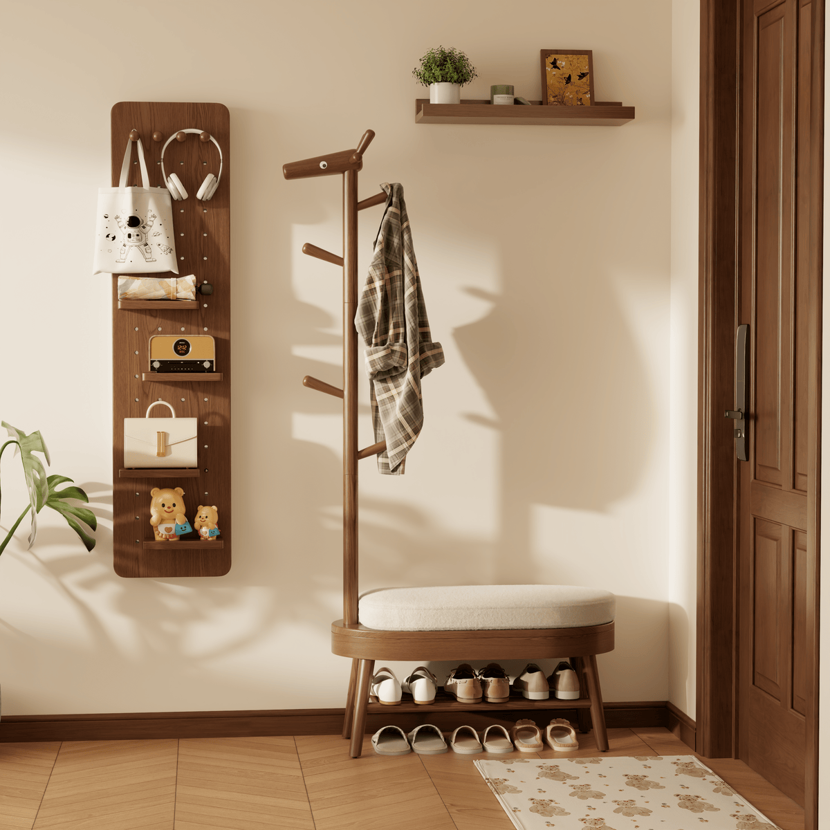 Rubberwood Shoe Bench with Coat Rack and 9 Hooks, Deer-Shaped Hall Tree - iKaslandi