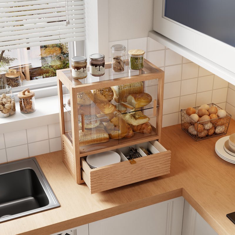 Solid Wood Bread Display Cabinet with Glass Door & Drawer