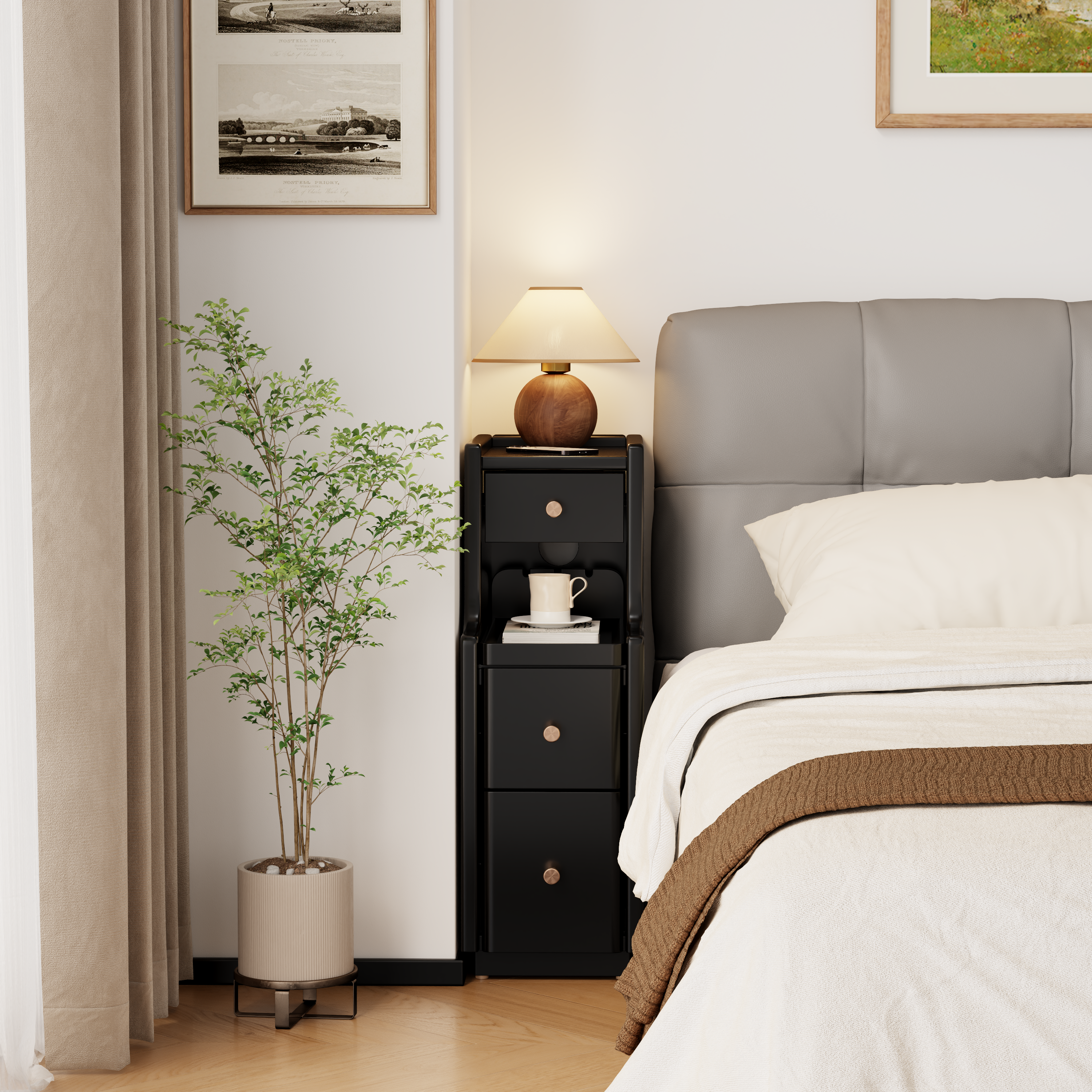 Solid Wood Narrow Nightstand with 3 Drawers – Modern Bedside Table for