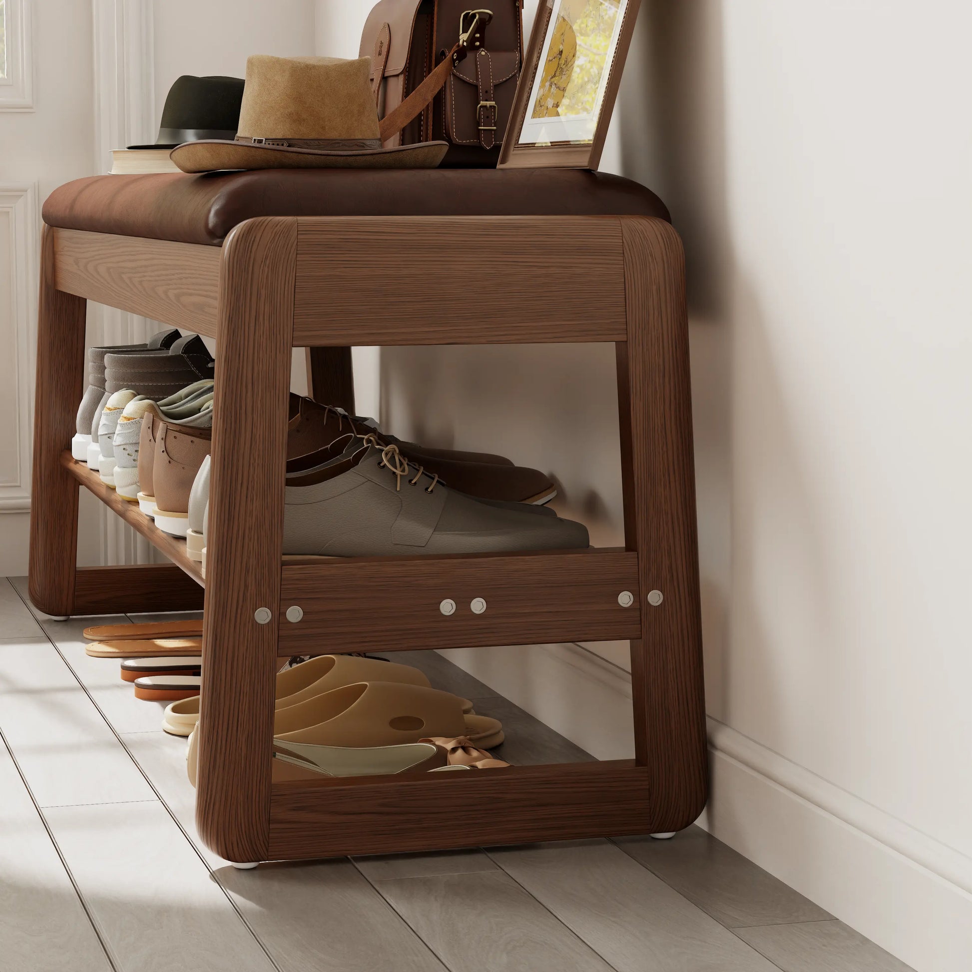 Solid Wood Storage Entryway Bench with Shoe Rack & Padded Seat - iKaslandi