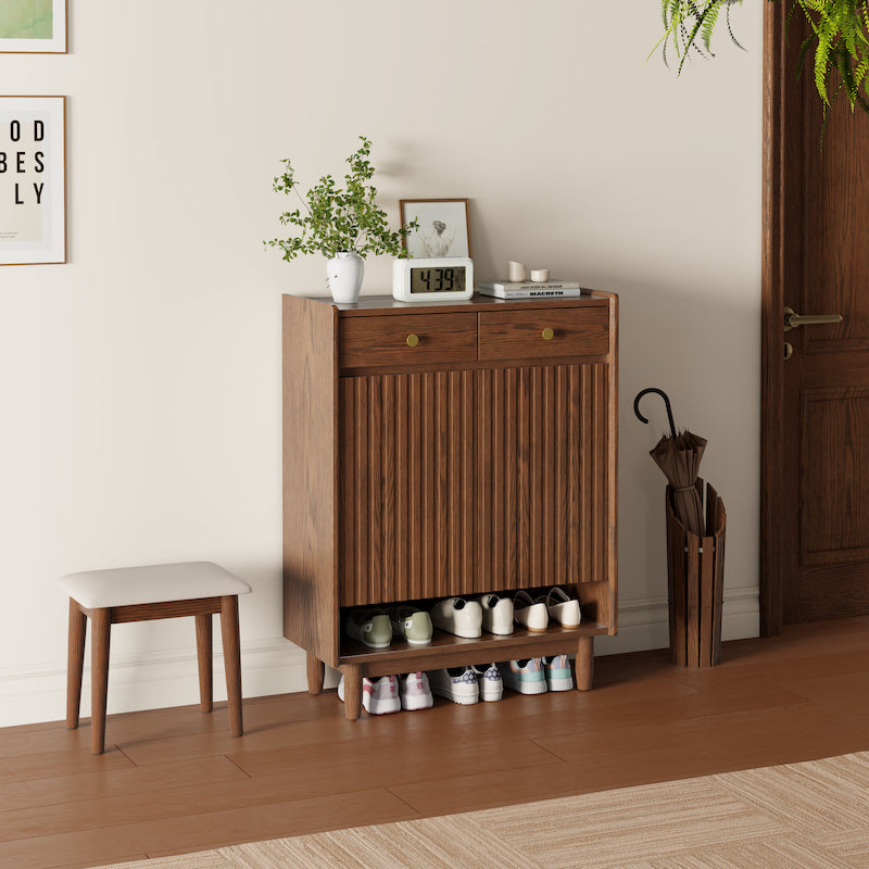 Fluted Solid Wood Shoe Cabinet with Drawers & Open Shelf