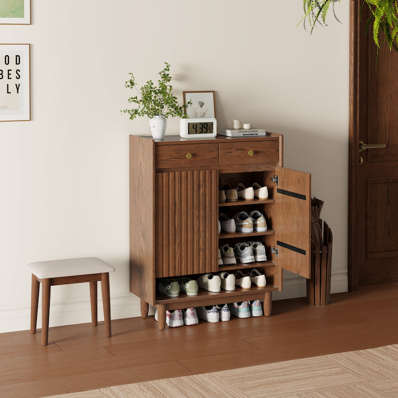 Fluted Solid Wood Shoe Cabinet with Drawers & Open Shelf