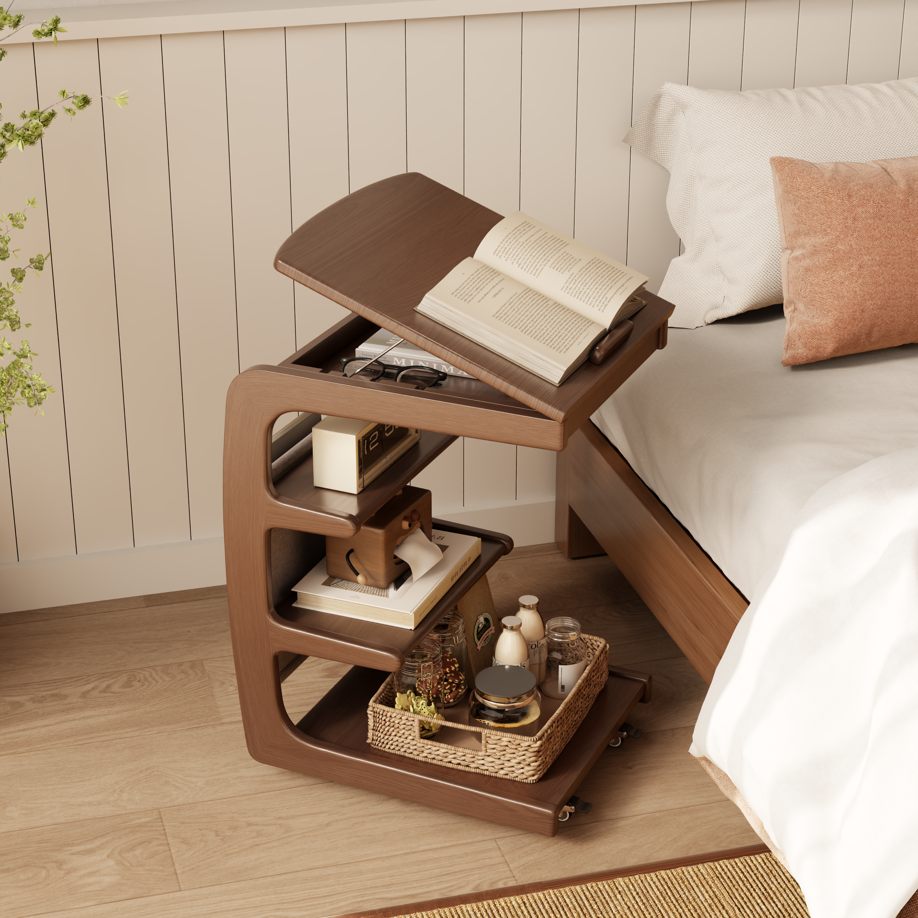 Solid Wood C-Shaped Table for Couch with 3-Tier Storage