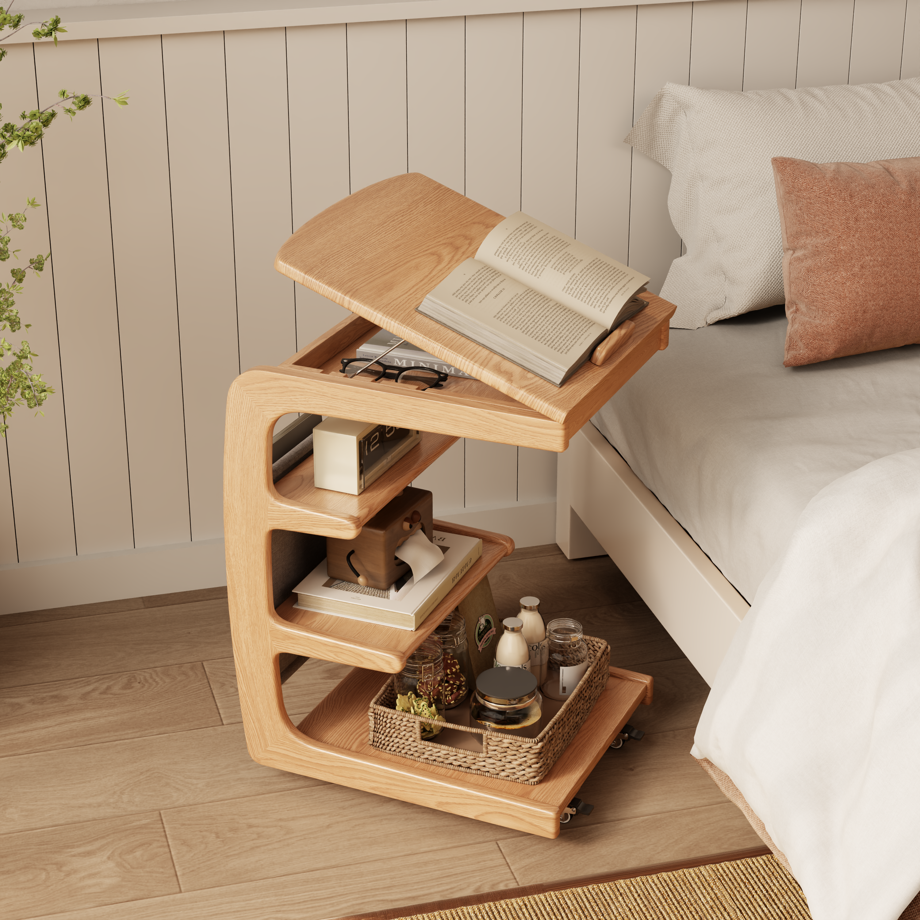 Solid Wood C-Shaped Table for Couch with 3-Tier Storage