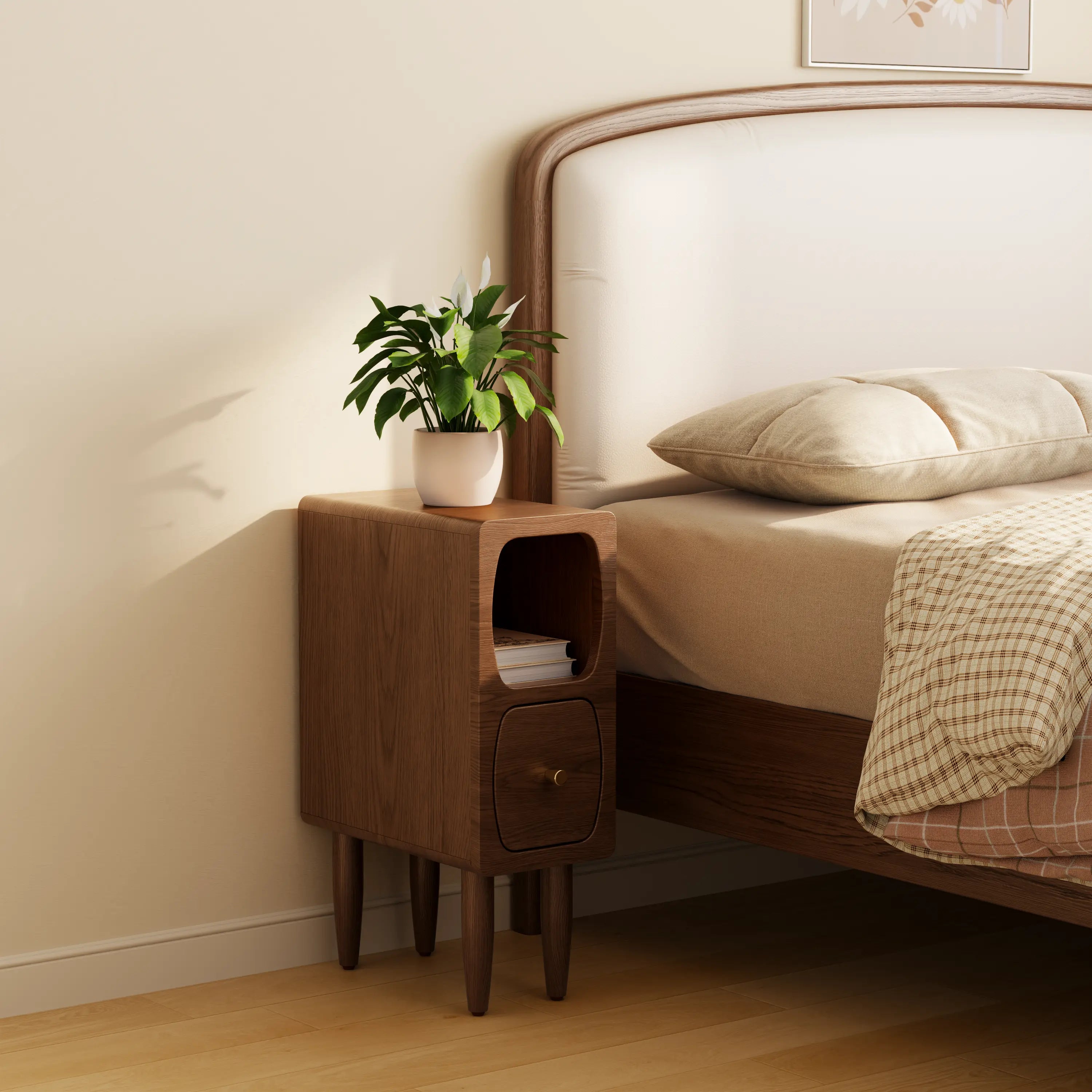 Solid Oak Wood Nightstand with Drawer | Compact Bedside Storage Cabinet for Small Spaces - Kaslandi Furniture