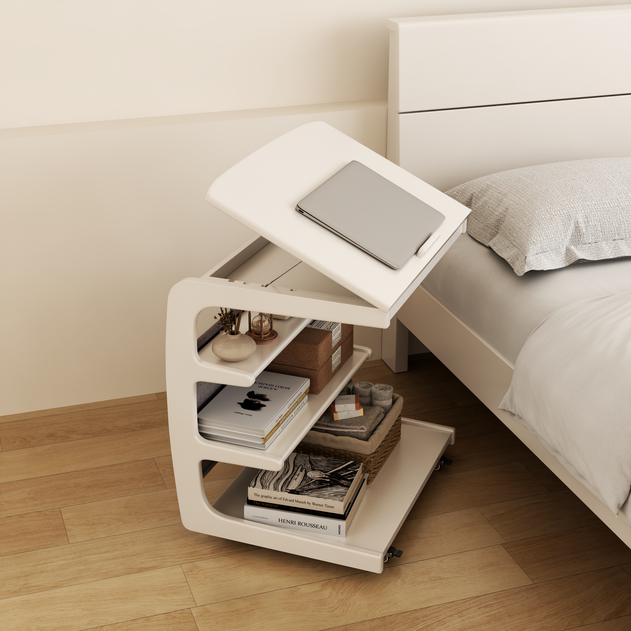 Solid Wood C-Shaped Table for Couch with 3-Tier Storage