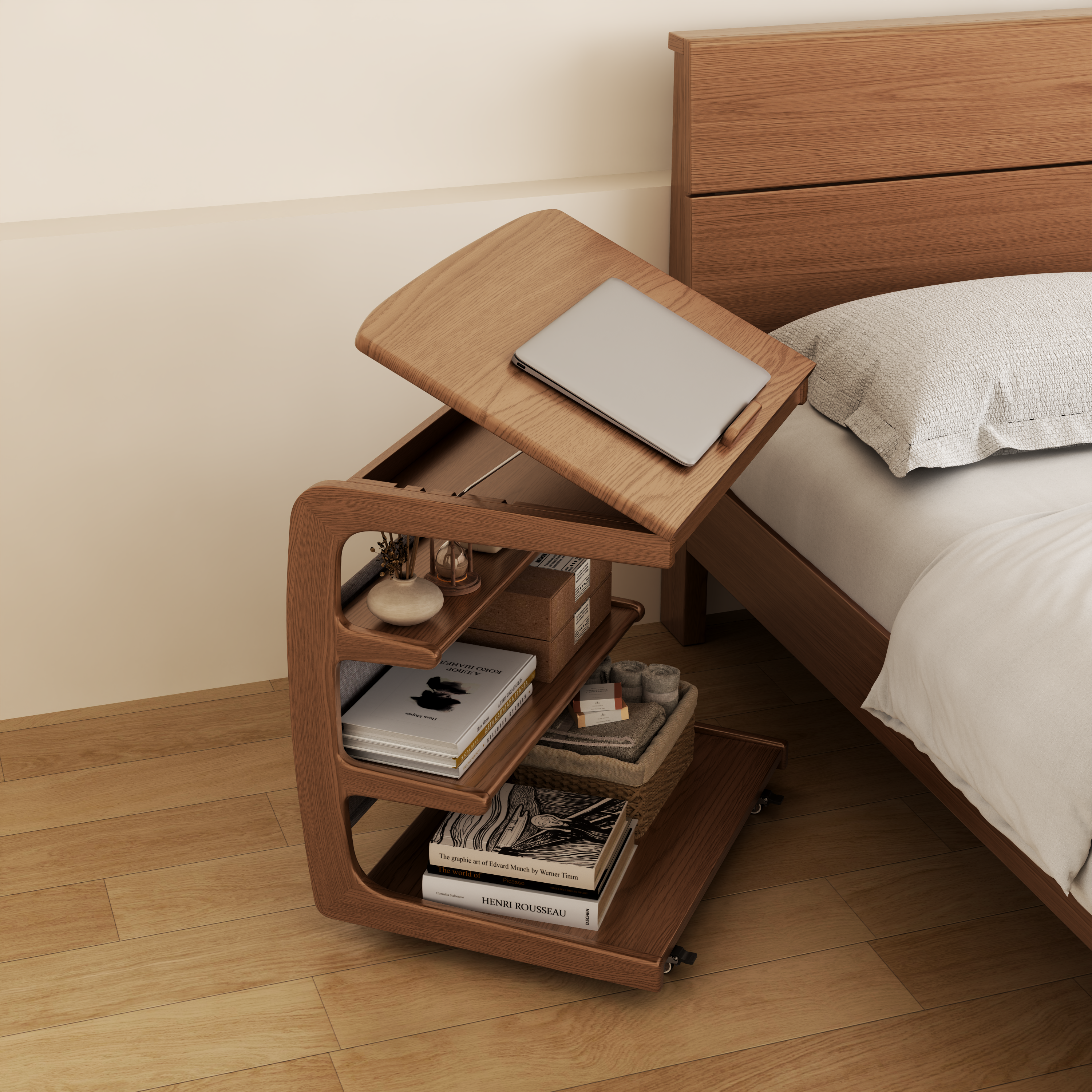 Solid Wood C-Shaped Table for Couch with 3-Tier Storage