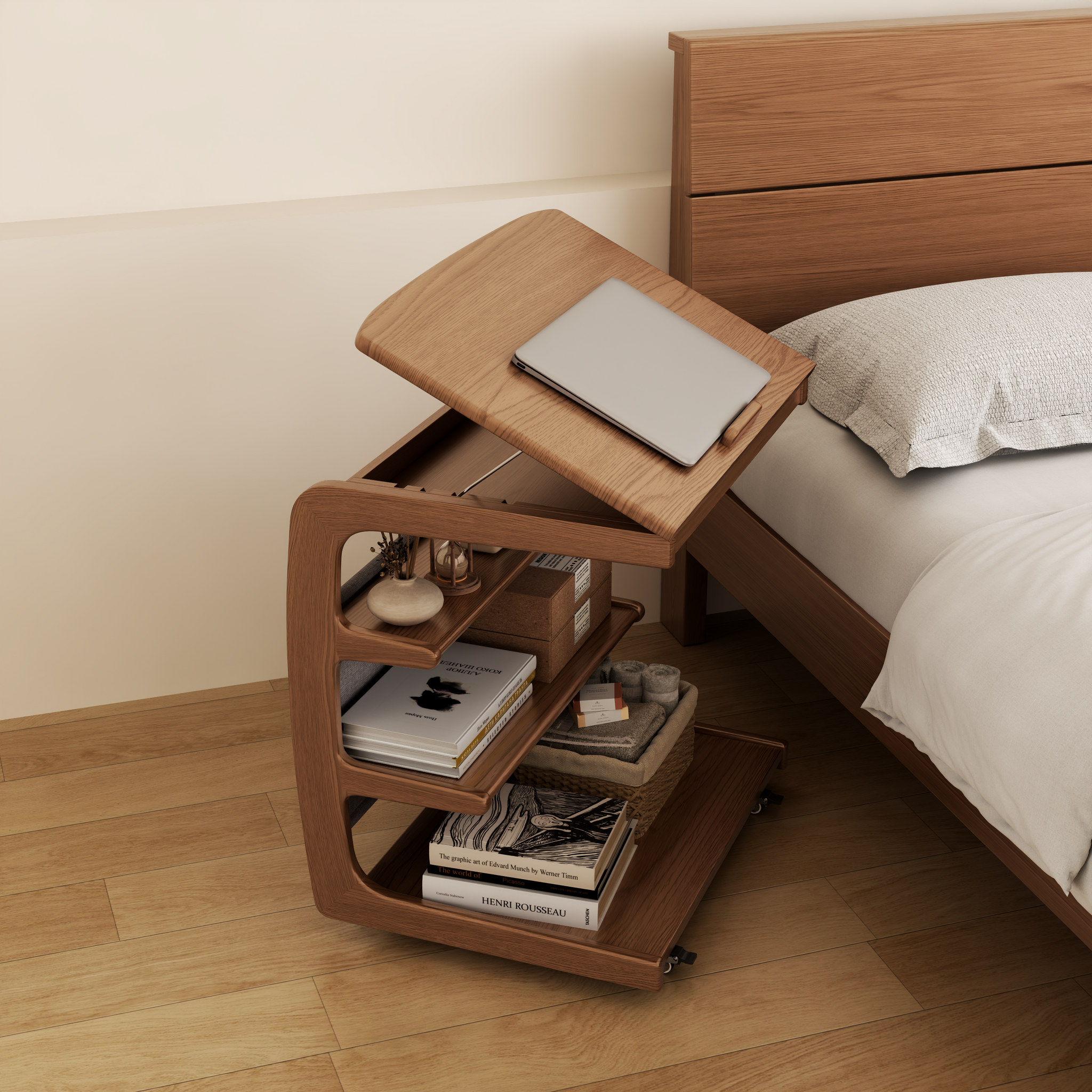 Solid Wood C-Shaped Table for Couch with 3-Tier Storage