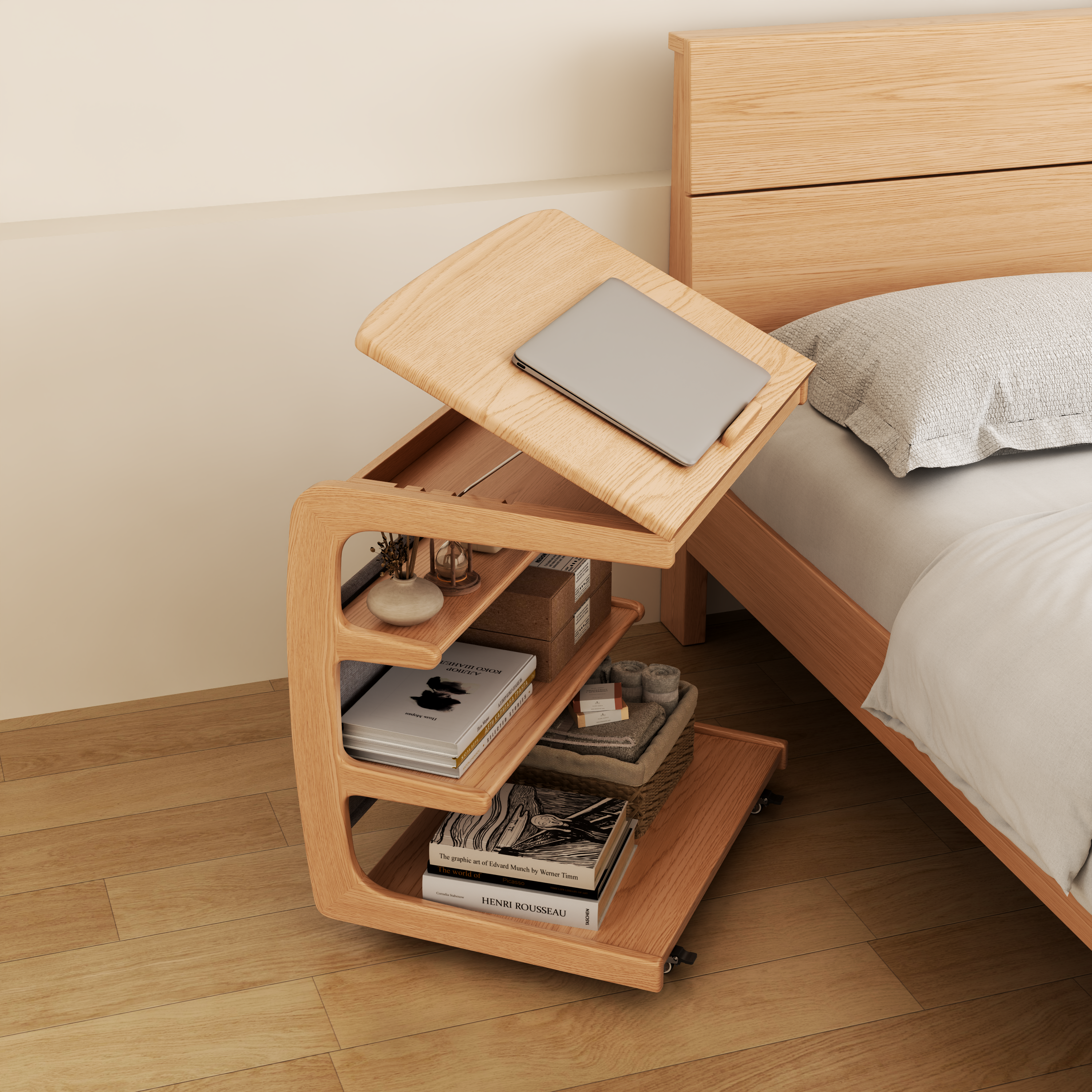 Solid Wood C-Shaped Table for Couch with 3-Tier Storage