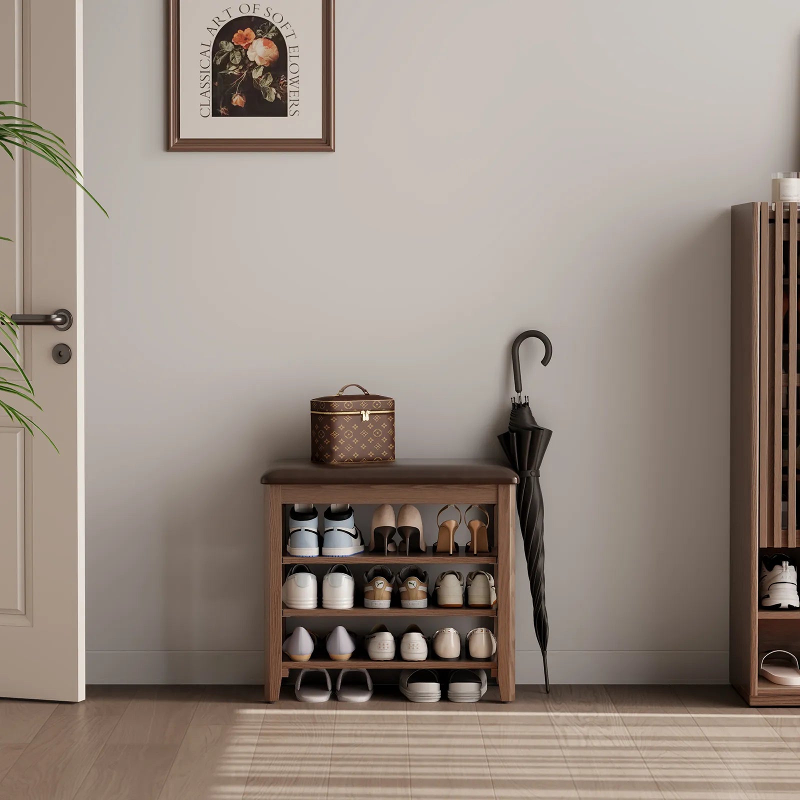 Wooden 3 - Tier Shoe Rack Bench with PU Leather Cushion - Kaslandi Furniture