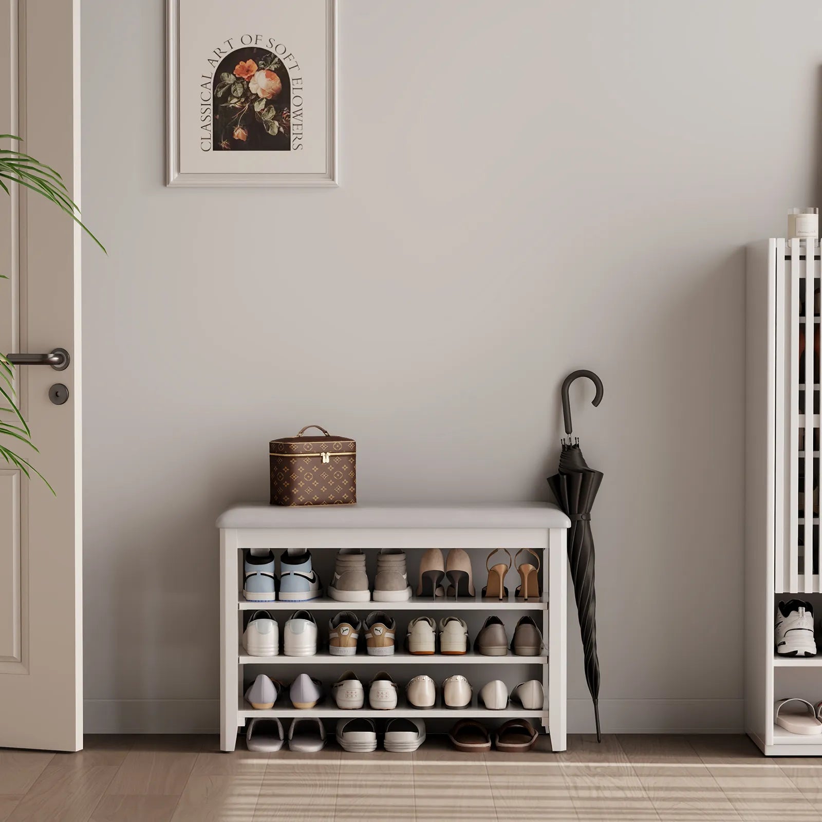 Wooden 3 - Tier Shoe Rack Bench with PU Leather Cushion - Kaslandi Furniture