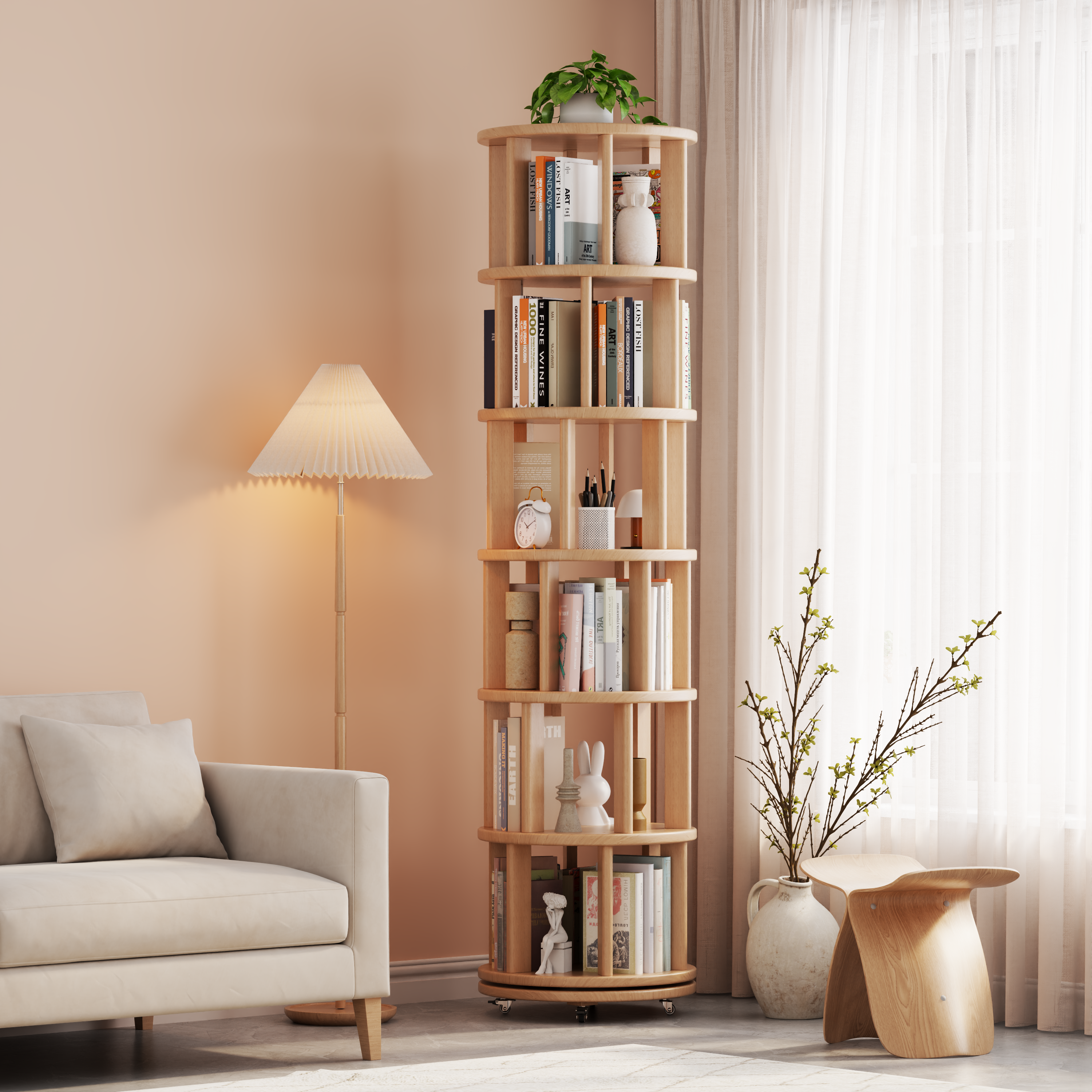 Rotating Solid Wood Bookshelf with Brake Wheels – Adjustable 1-6 Tier Swivel Bookcase