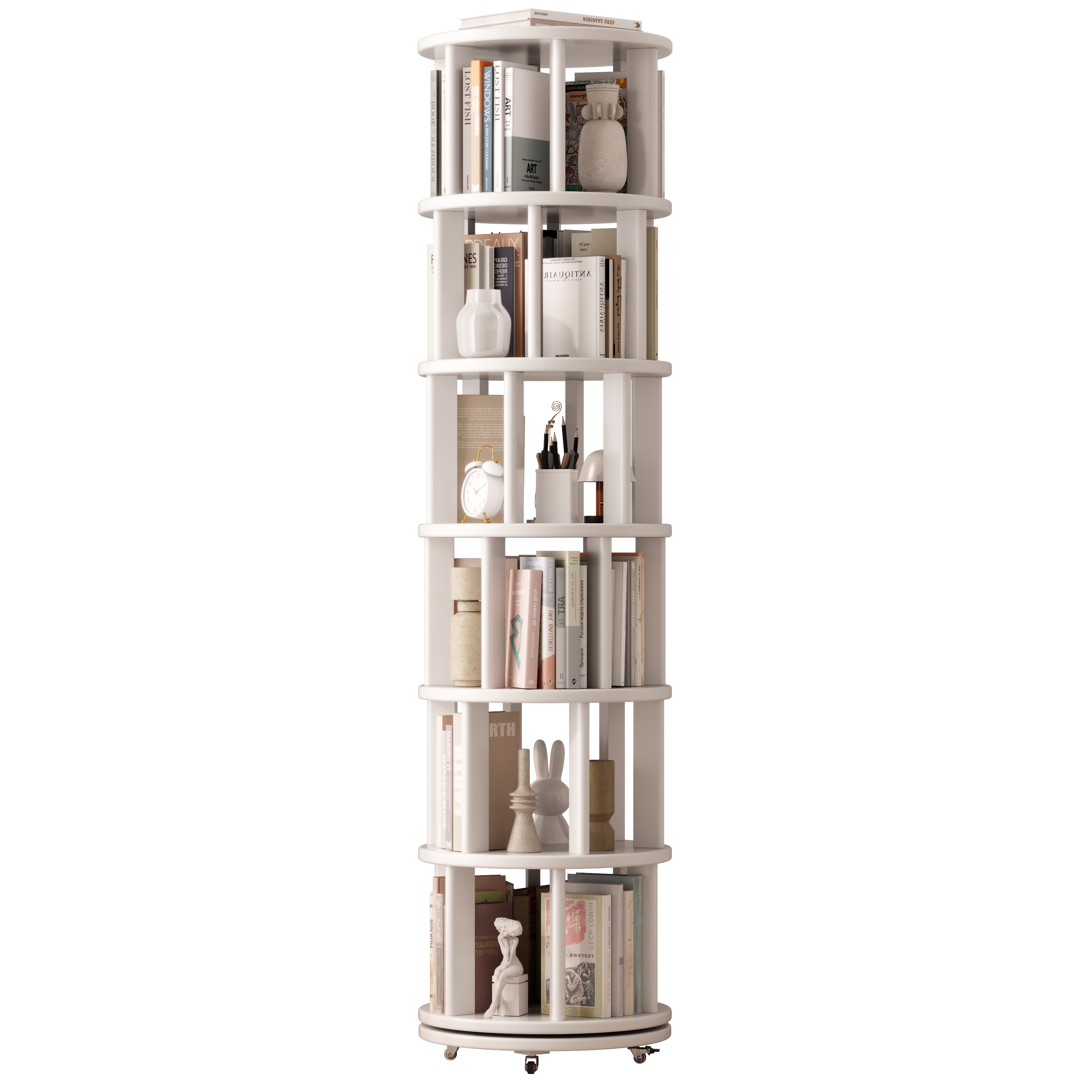 Solid Wood Rotating Bookshelf with Brake Wheels – Adjustable 1-6 Tiers