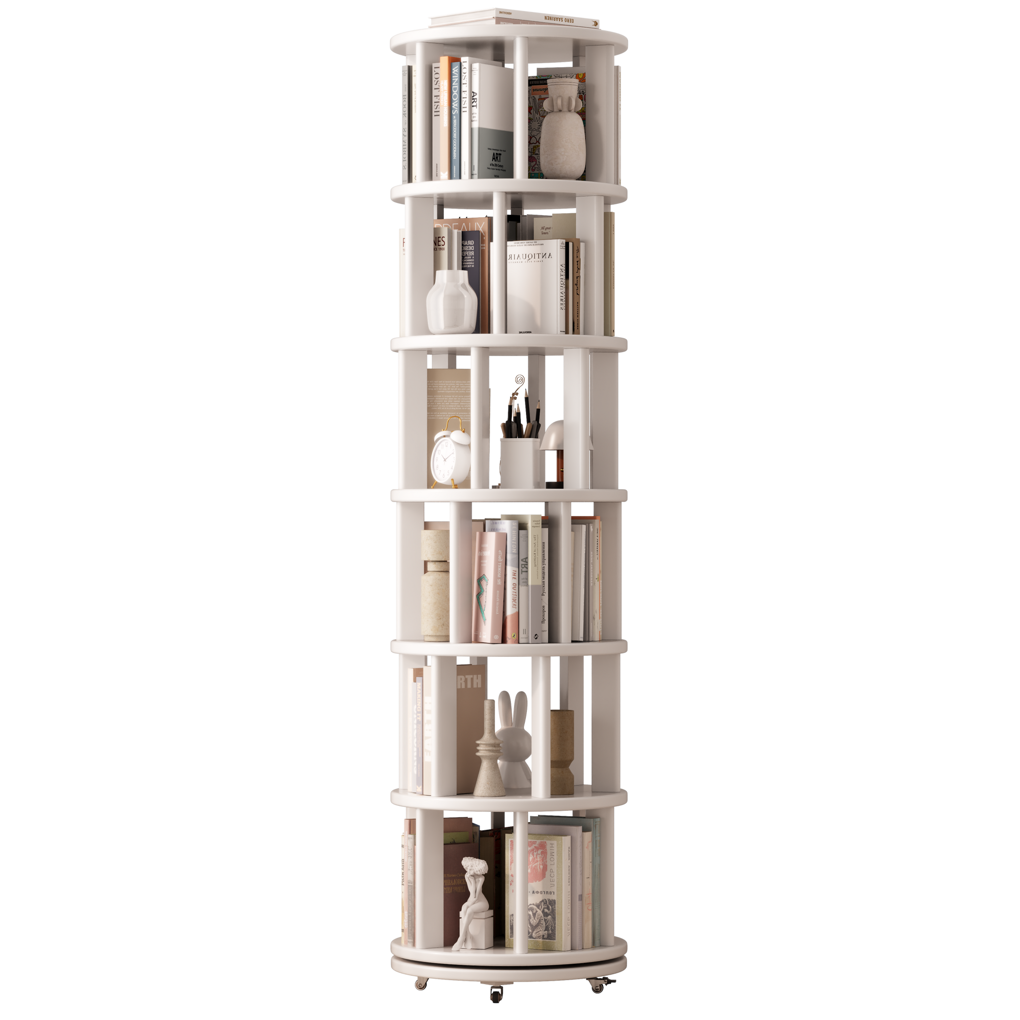 Solid Wood Rotating Bookshelf with Brake Wheels – Adjustable 1-6 Tiers