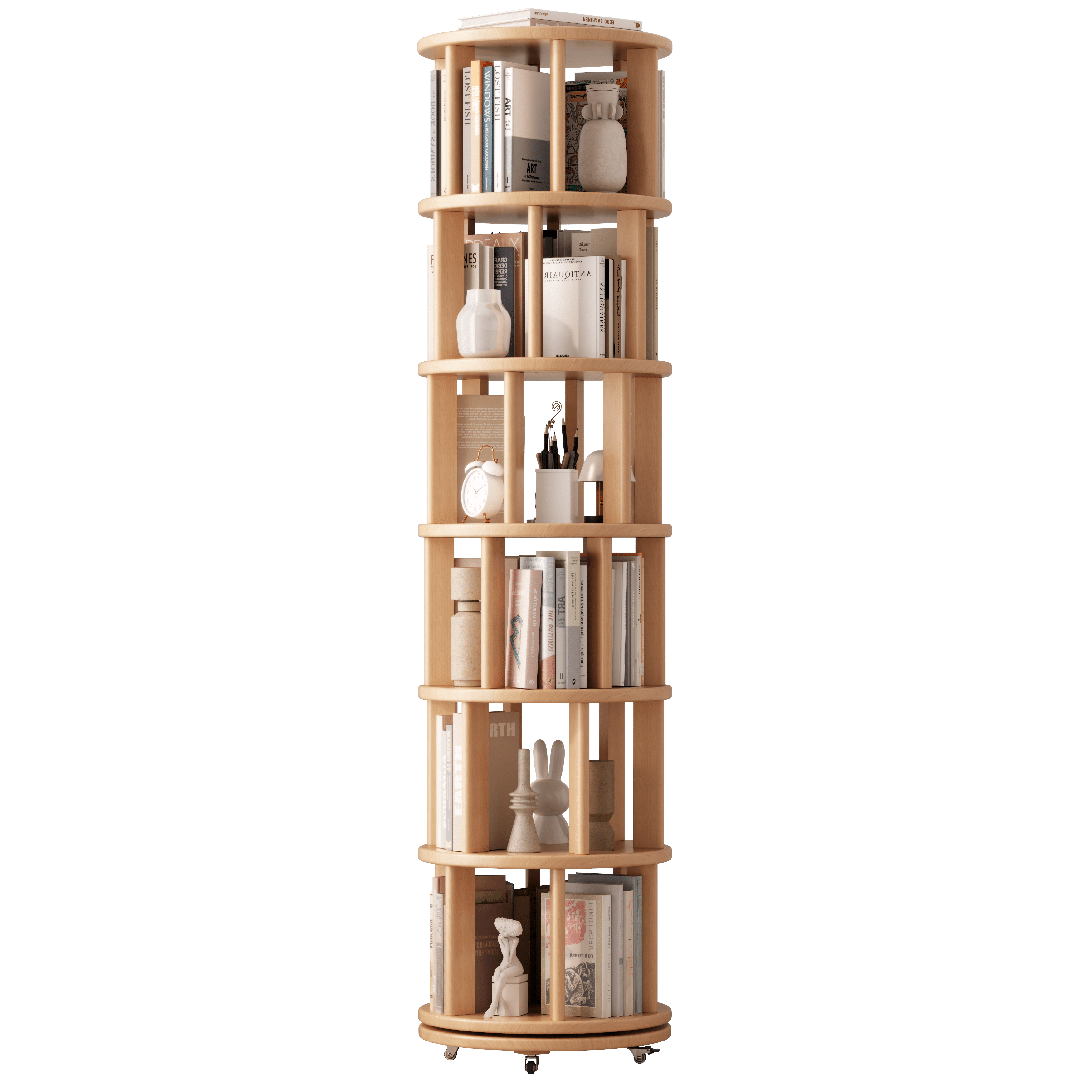 Rotating Solid Wood Bookshelf with Brake Wheels – Adjustable 1-6 Tier Swivel Bookcase for Home & Study