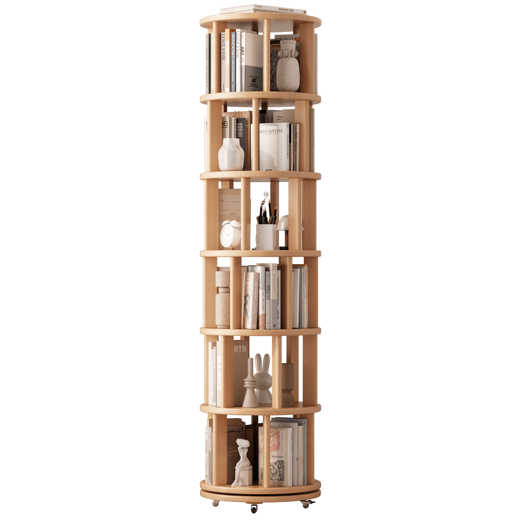 Rotating Solid Wood Bookshelf with Brake Wheels – Adjustable 1-6 Tier Swivel Bookcase for Home & Study